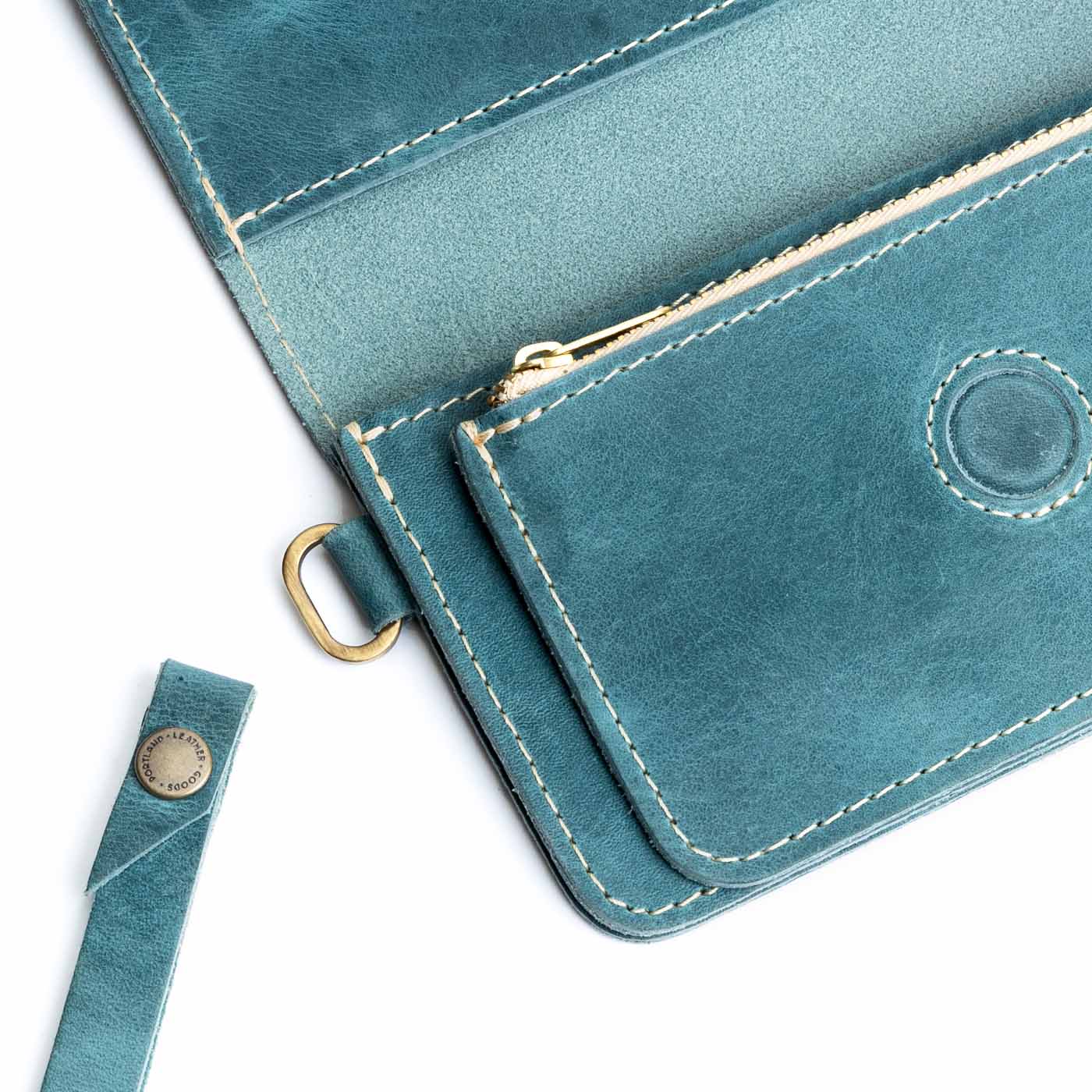 Aqua | Leather wallet clutch with wristlet and magnetic closure