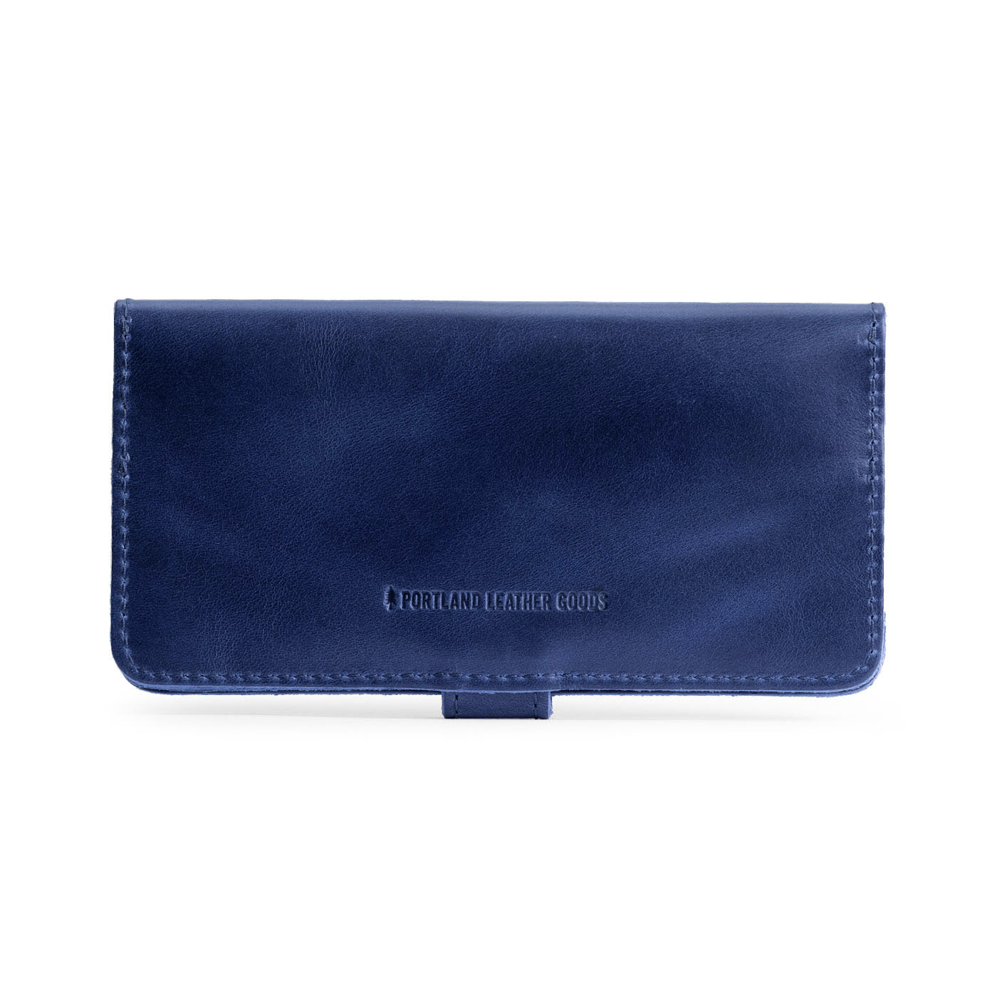 Cowboy Blue | Back of leather wallet with snap closed