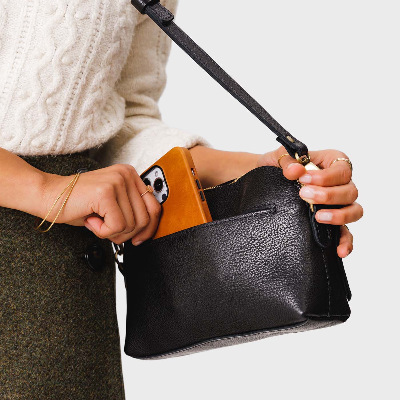 Pebbled--black Classic | Dome shaped crossbody purse with front and back pockets