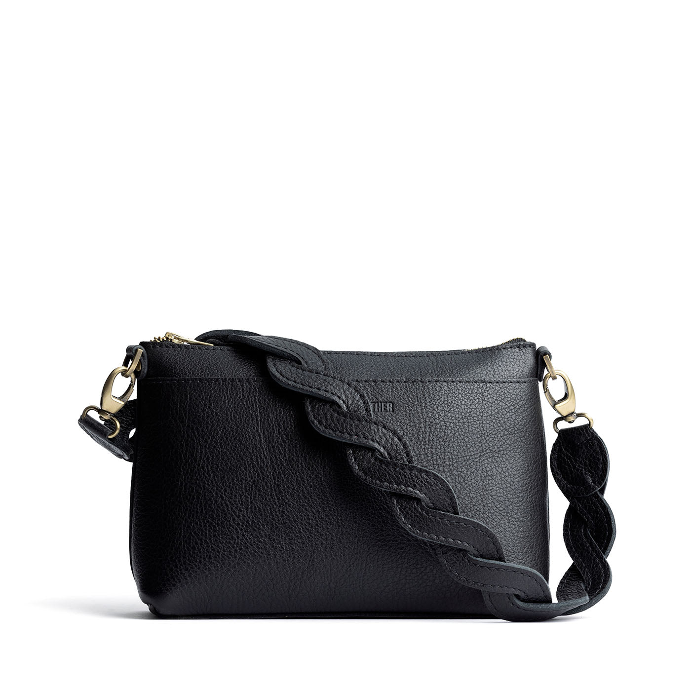 Pebbled--black | Woven leather shoulder strap with swivel lobster clasps shown on Poppy Purse