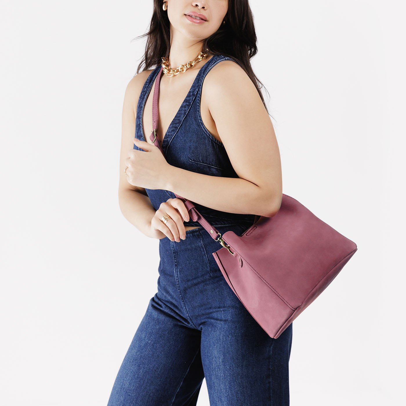 Foxglove | symmetrical bucket bag with latch closure and removable crossbody strap