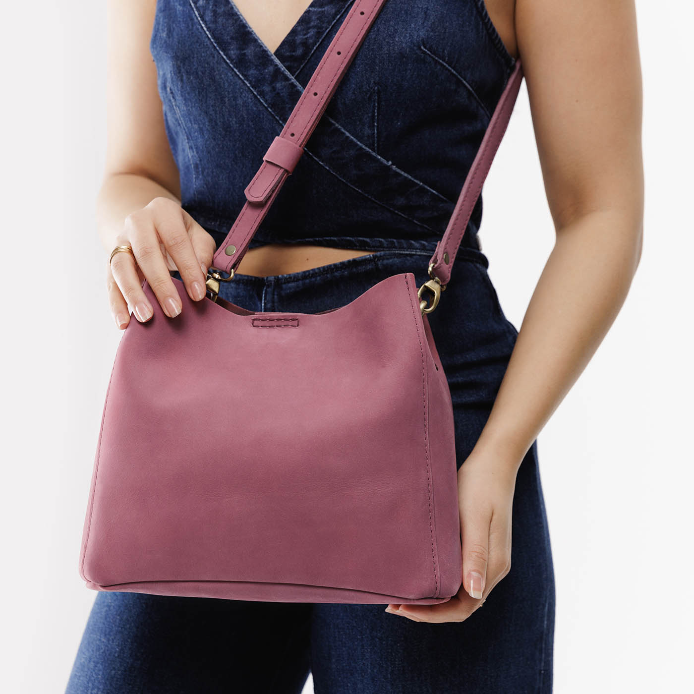 Foxglove | symmetrical bucket bag with latch closure and removable crossbody strap