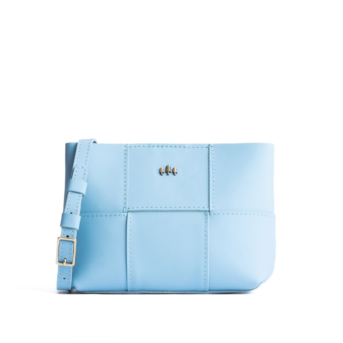 Glacial Blue Small | Structured woven leather bag with three metal tree emblems and crossbody strap