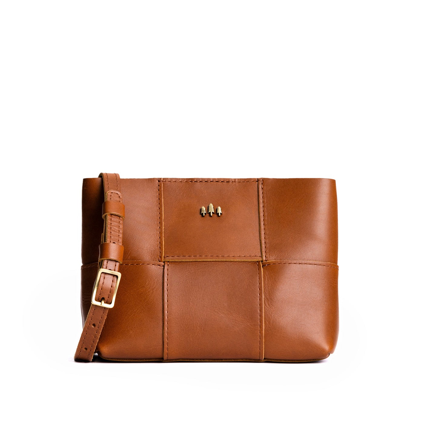 Honey*Small | Structured woven leather bag with three metal tree emblems and crossbody strap