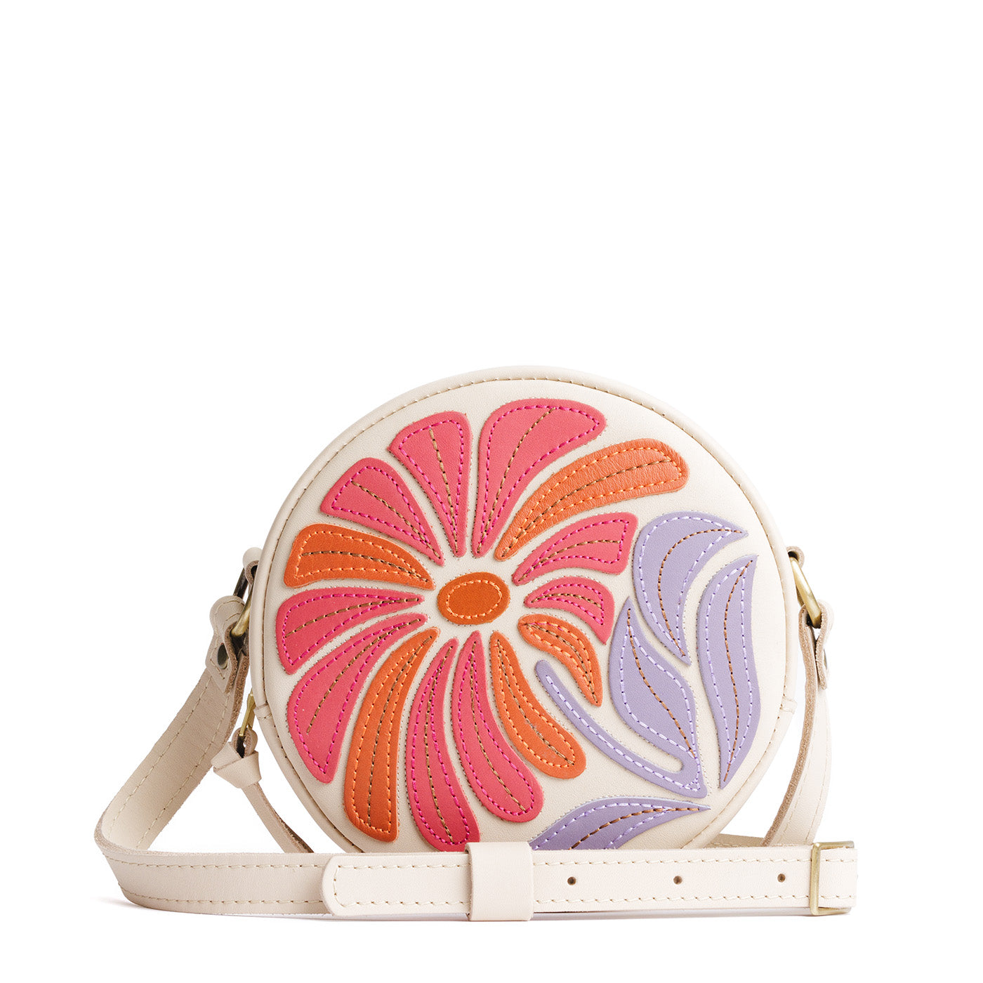 Wildflower Bone Small | Circle shaped crossbody bag with large flower embroidered design