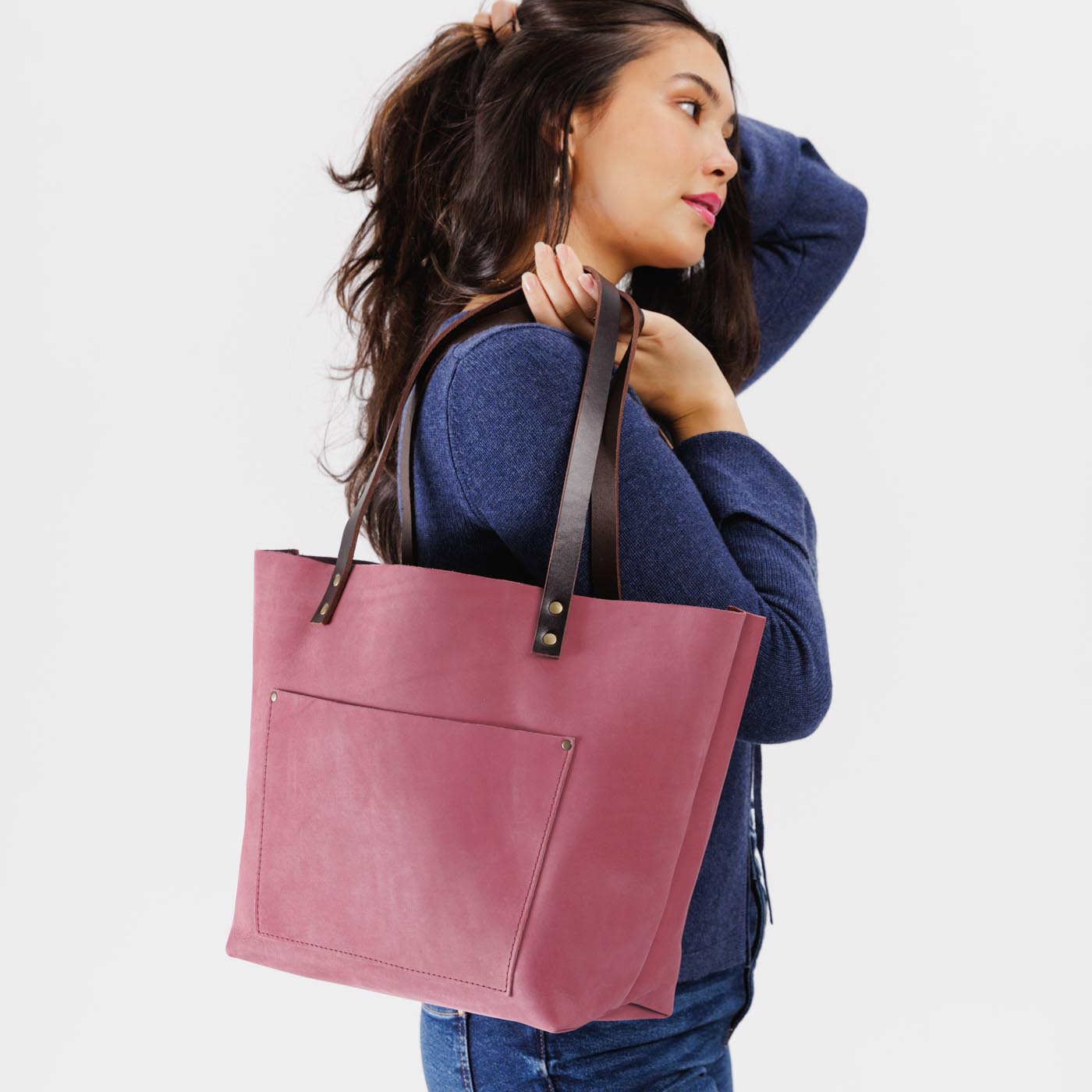 Foxglove*Classic | Large leather tote bag with sturdy bridle handles and front pocket