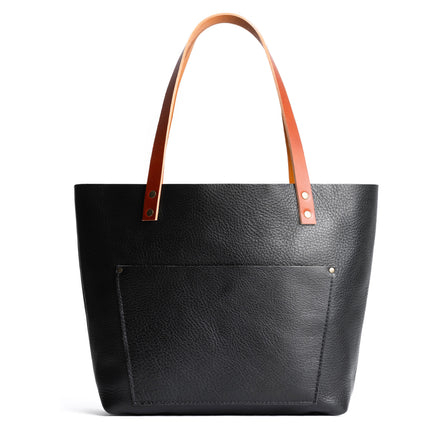 Pebbled--black*Zipper | Large leather tote bag with sturdy bridle handles and front pocket