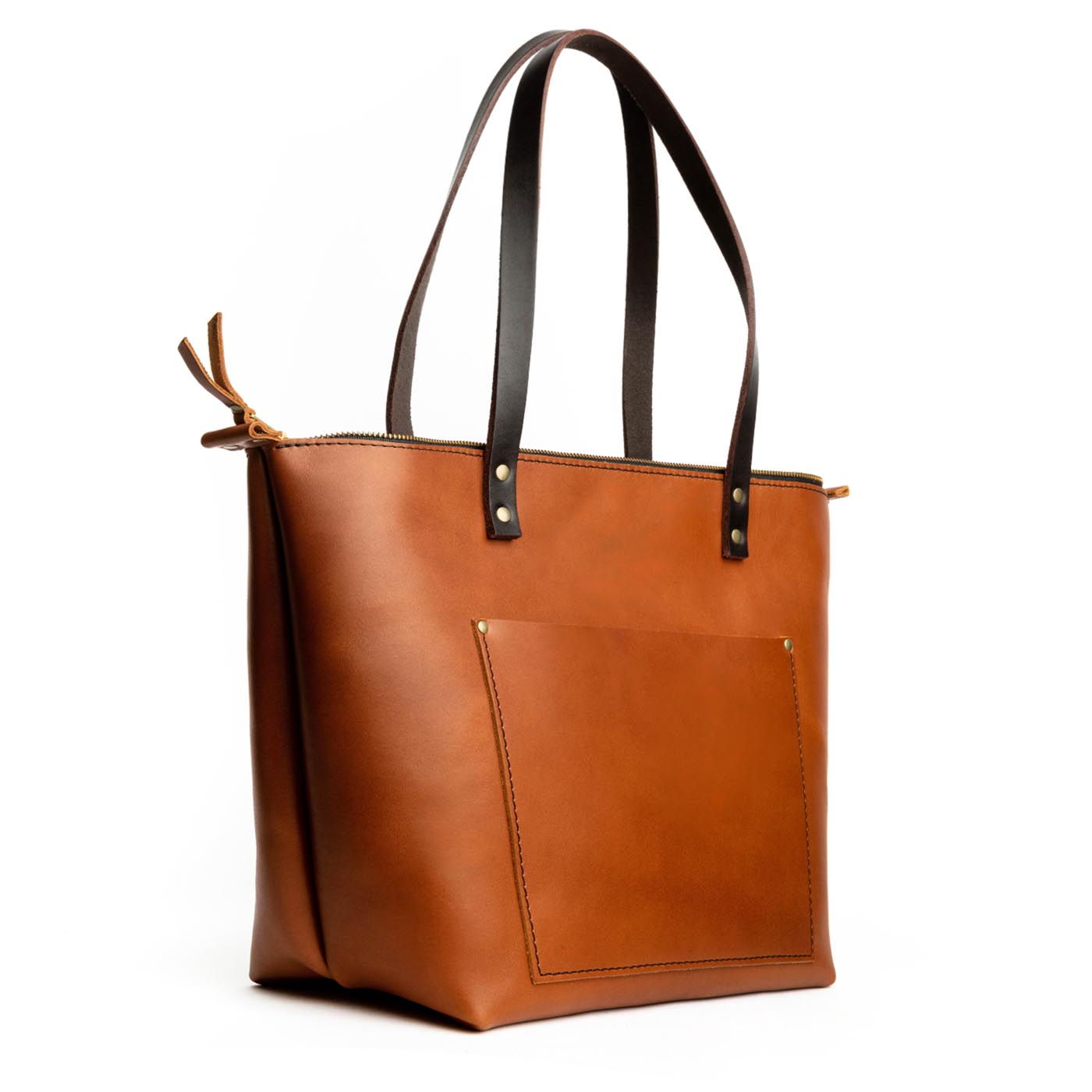 Honey*Zipper | Large zipper leather tote bag with sturdy bridle handles and front pocket