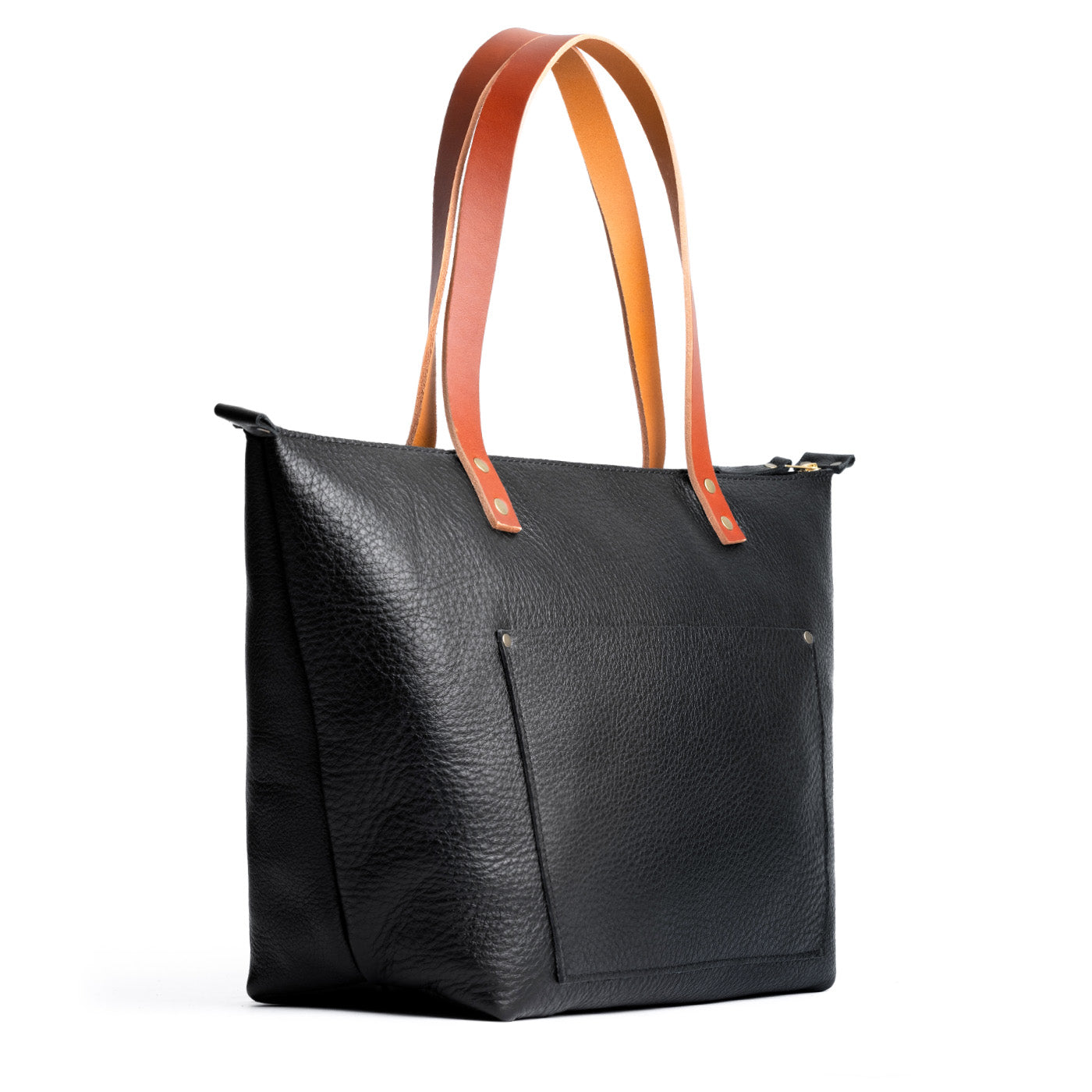 Pebbled--black Zipper | Large leather tote bag with sturdy bridle handles and front pocket