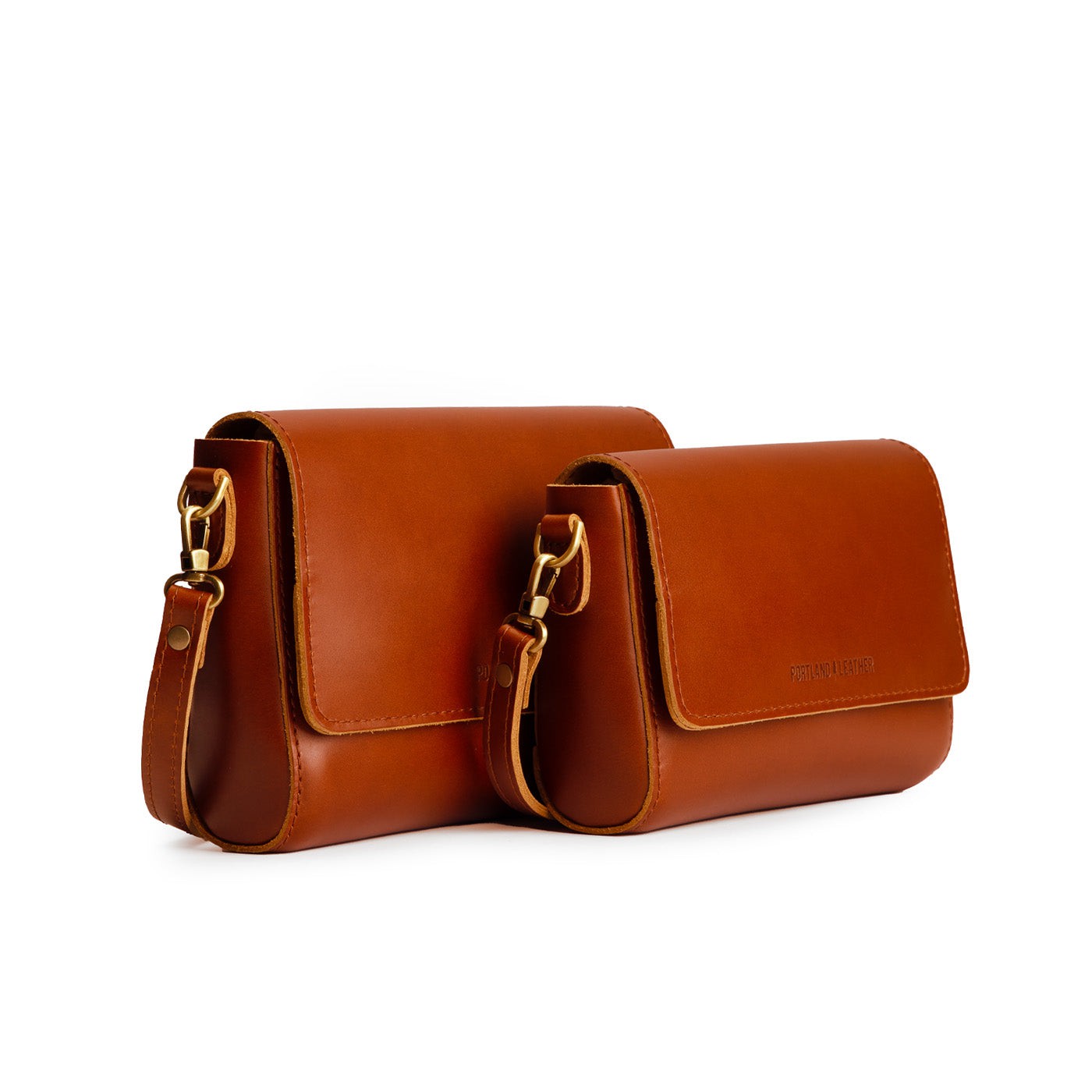 Madrone | Side by Side of both sizes of Leather Crossbody Bag with Magnetic Messenger Bag Closure