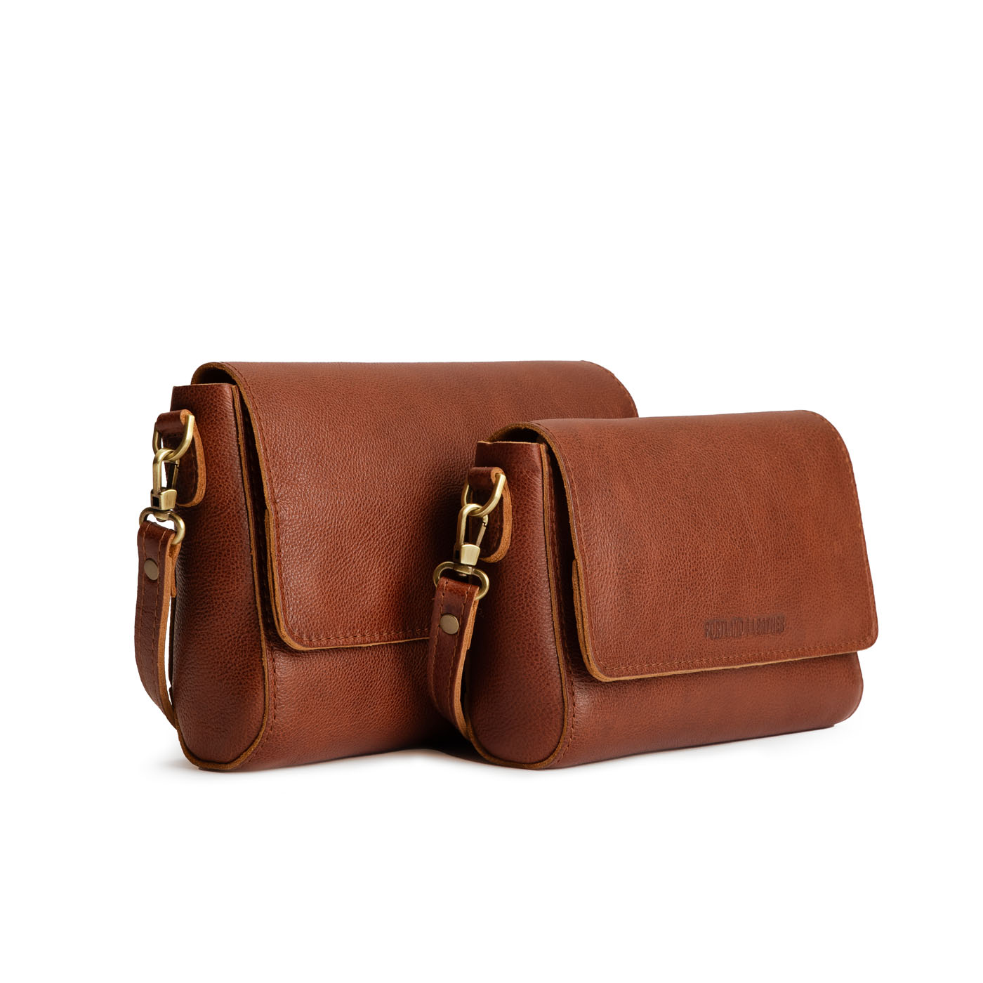 Nutmeg | Side by Side of both sizes of Leather Crossbody Bag with Magnetic Messenger Bag Closure