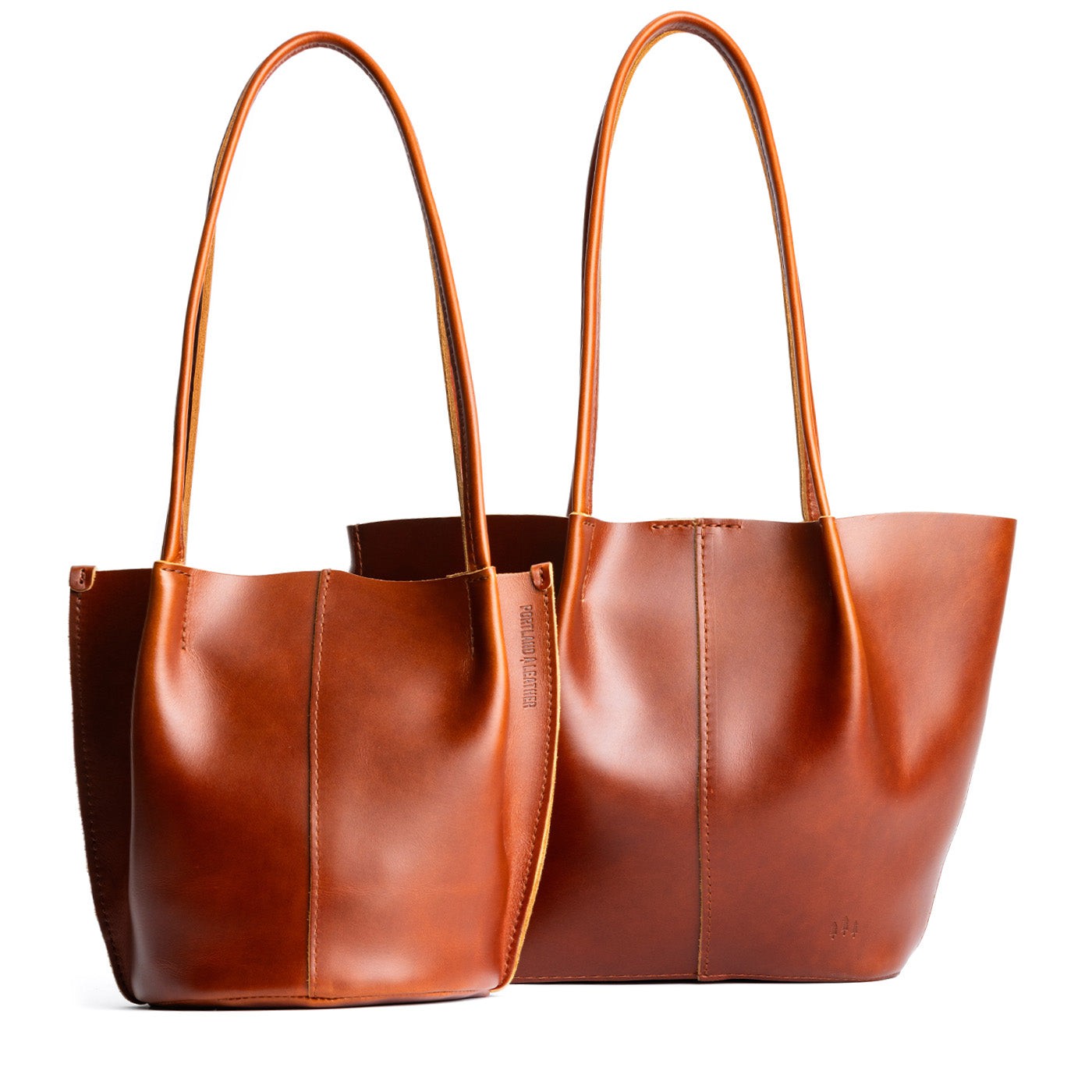 Madrone | Comparison of bucket shaped tote bag with matching leather handles