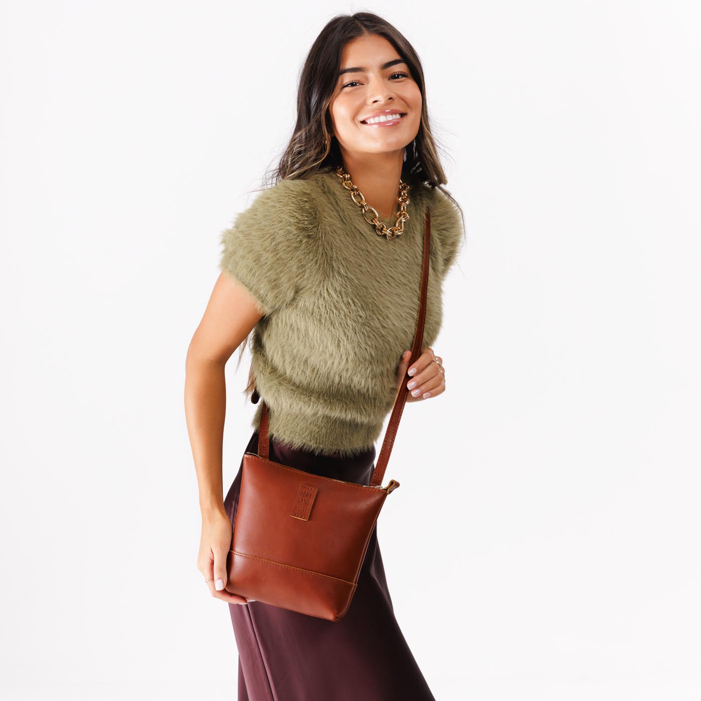 Chestnut | Small rectangular crossbody purse with top zipper and interior pocket