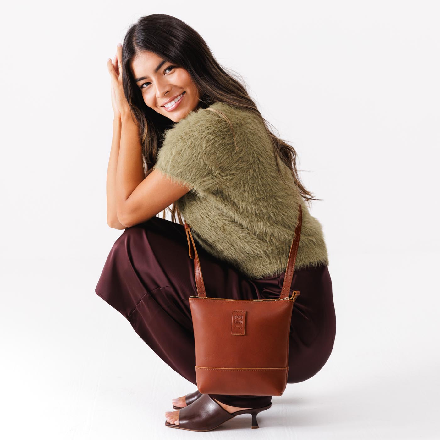 Chestnut | Small rectangular crossbody purse with top zipper and interior pocket