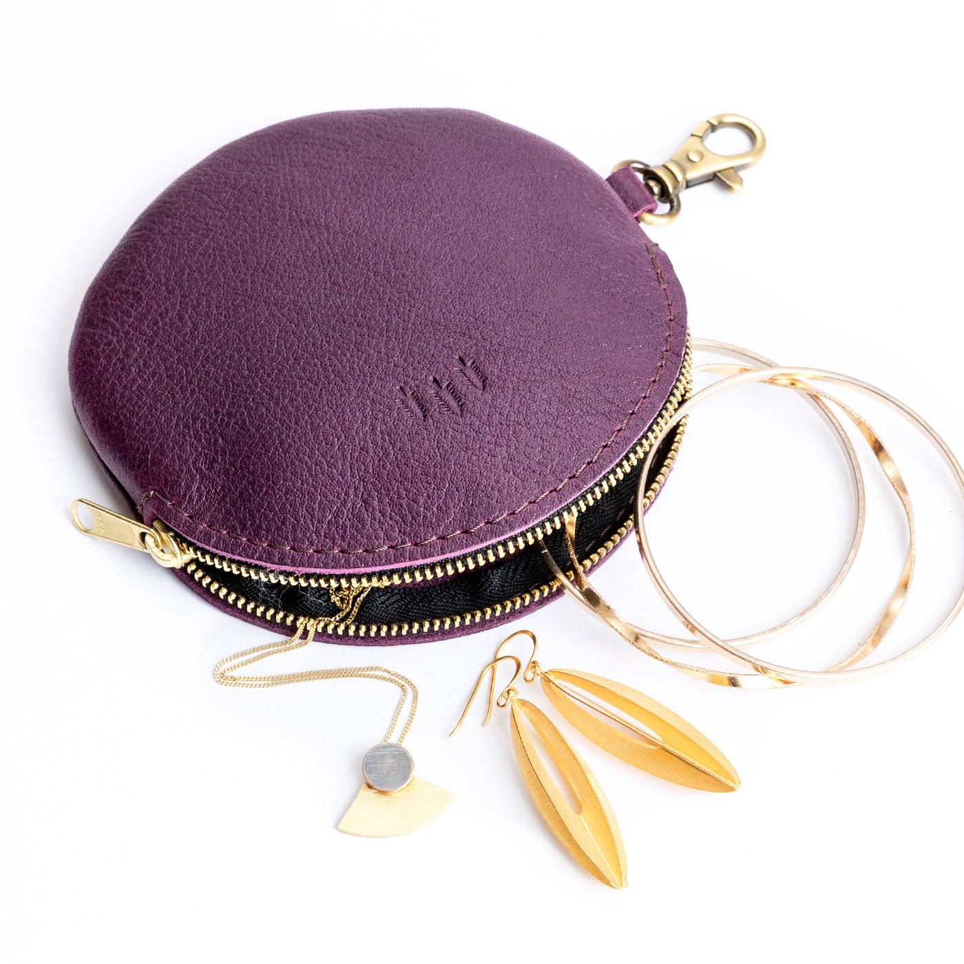 All Color: Plum | Leather flat round keychain pouch