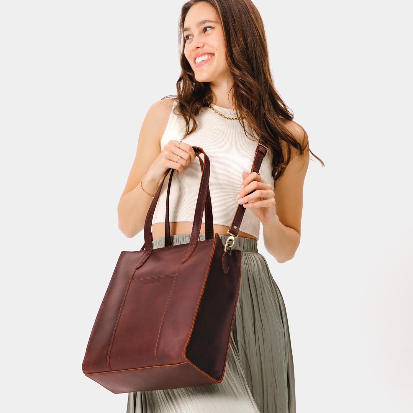  Cognac North/South | Structured large tote bag with overlapping panels and crossbody strap