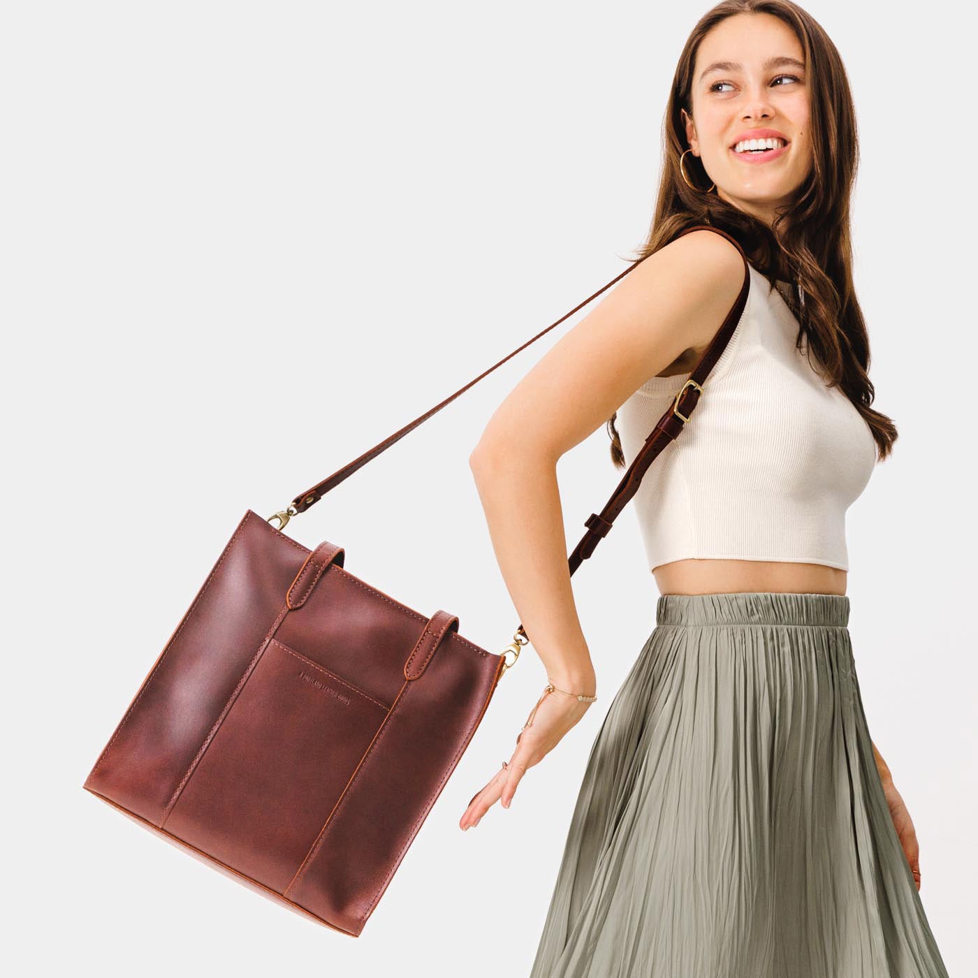  Cognac North/South | Structured large tote bag with overlapping panels and crossbody strap