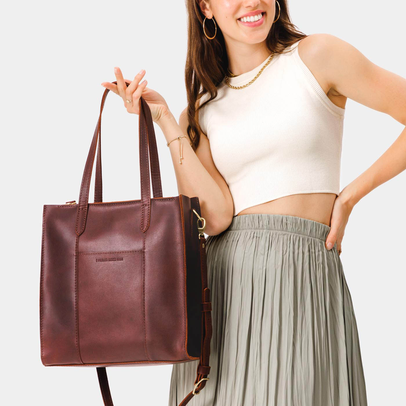  Cognac*North/South | Structured large tote bag with overlapping panels and crossbody strap