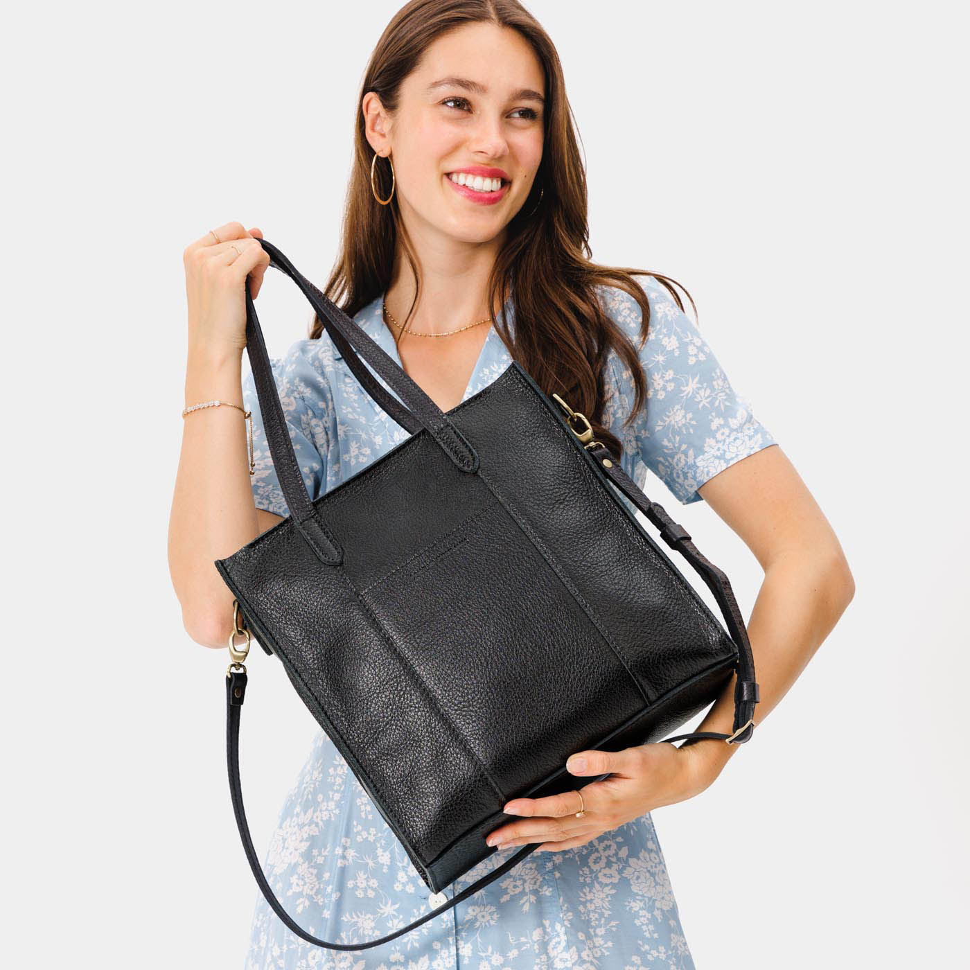  Pebbled--black North/South  | Structured large tote bag with overlapping panels and crossbody strap