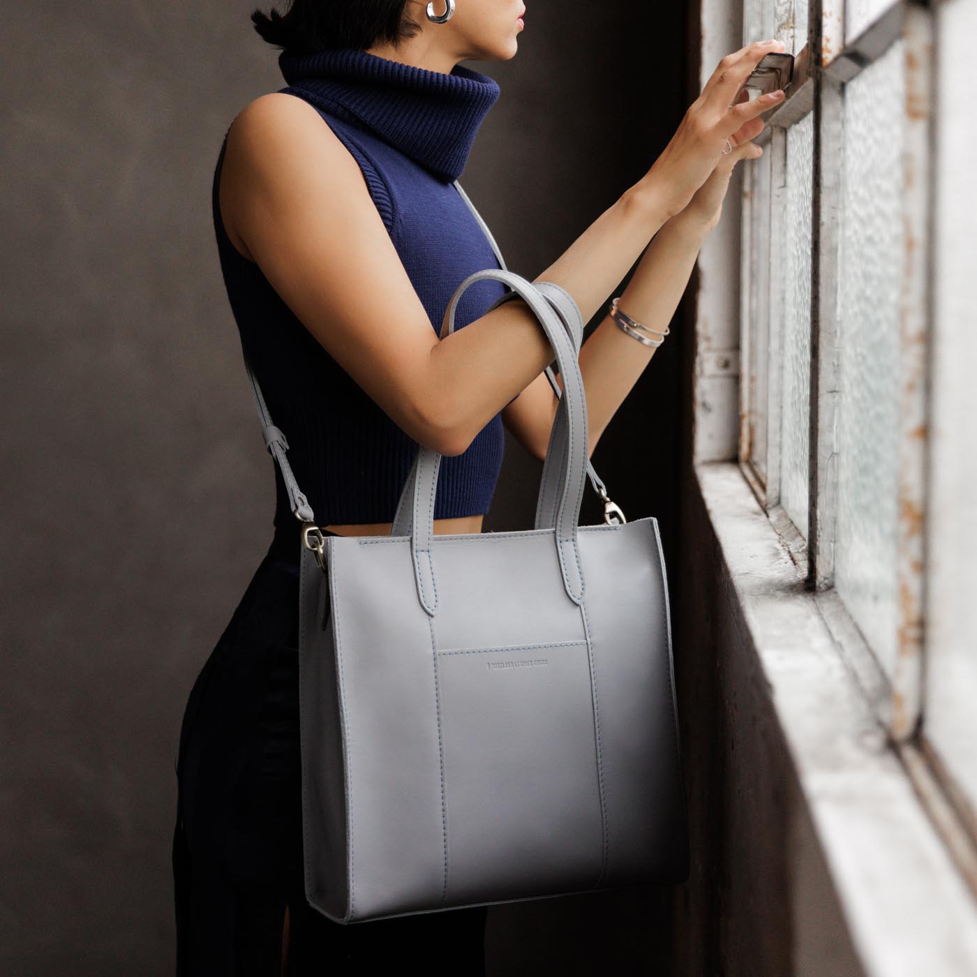 Formal Grey*North/South  | Structured large tote bag with overlapping panels and crossbody strap