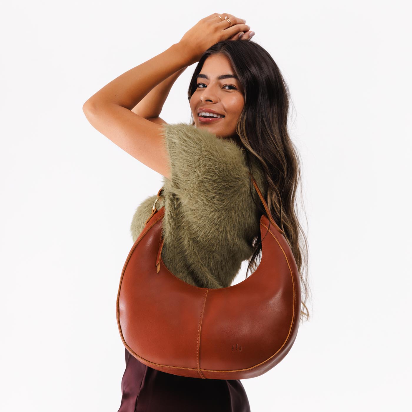 Chestnut*Large | Large crescent shaped shoulder bag with zipper closure and adjustable strap