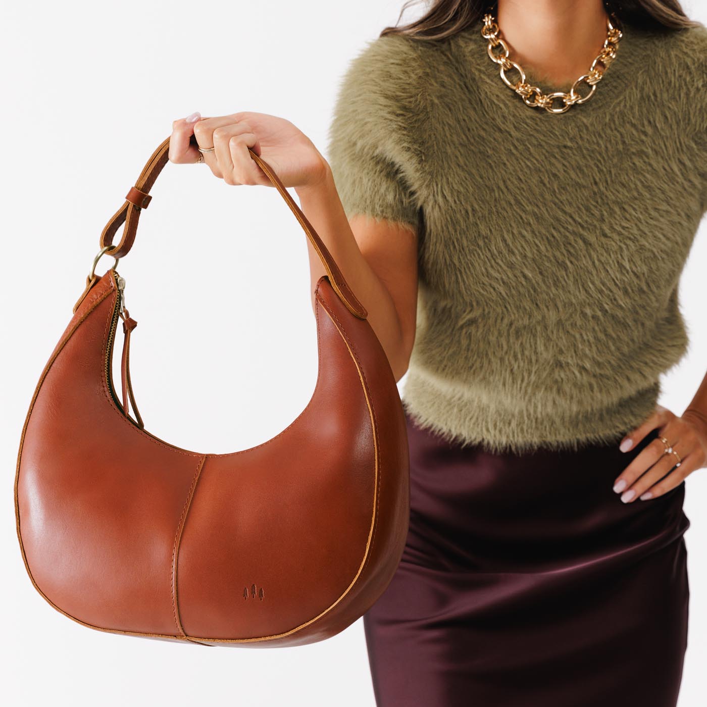 Chestnut*Large | Large crescent shaped shoulder bag with zipper closure and adjustable strap