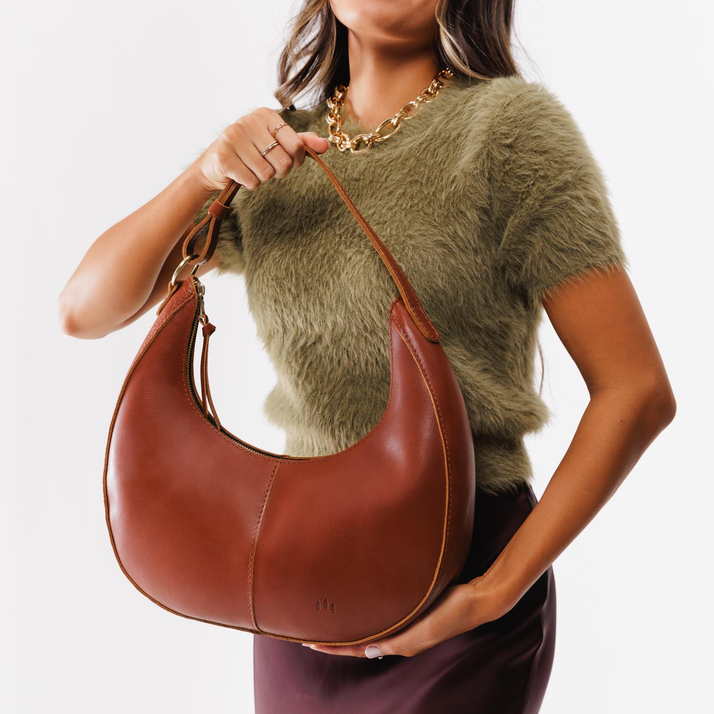 Chestnut*Large | Large crescent shaped shoulder bag with zipper closure and adjustable strap