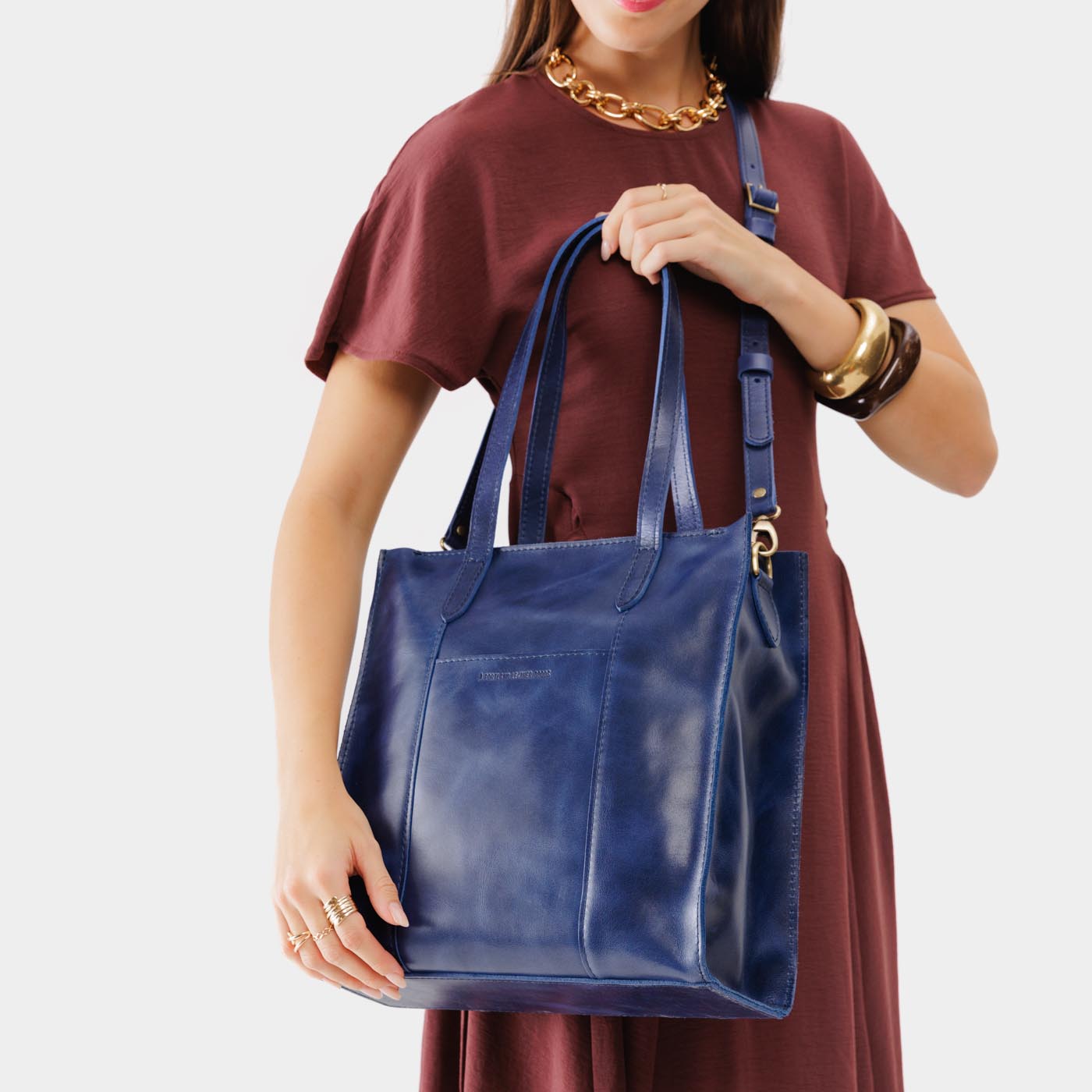 Cowboy Blue*North/South  | Structured large tote bag with overlapping panels and crossbody strap