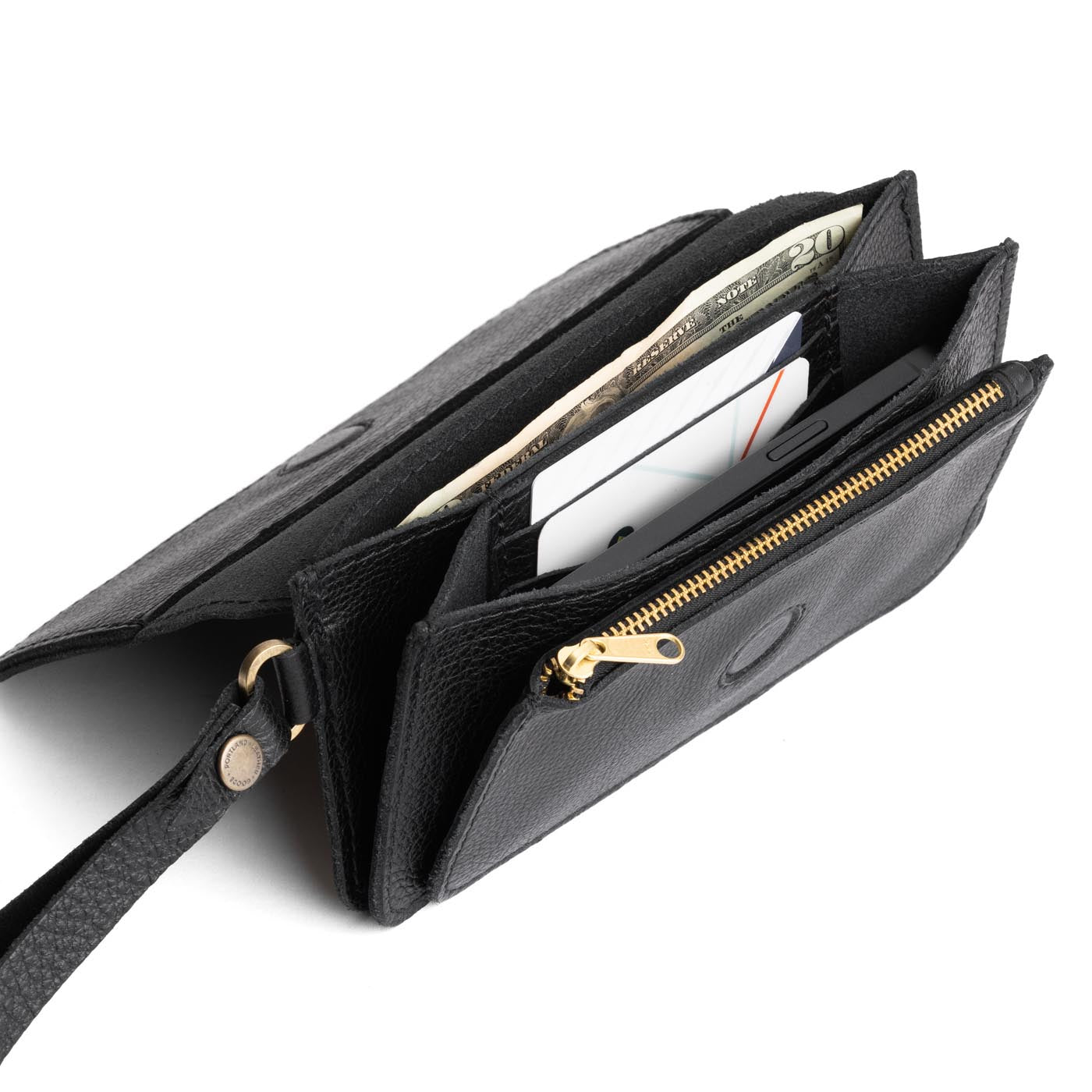 Pebbled--black | Leather wallet clutch with wristlet and magnetic closure