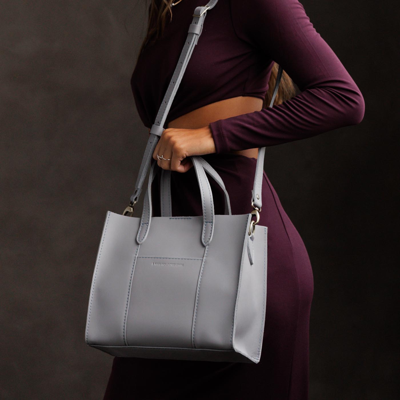 Formal Grey | Structured mid-size tote bag with overlapping panels and crossbody strap