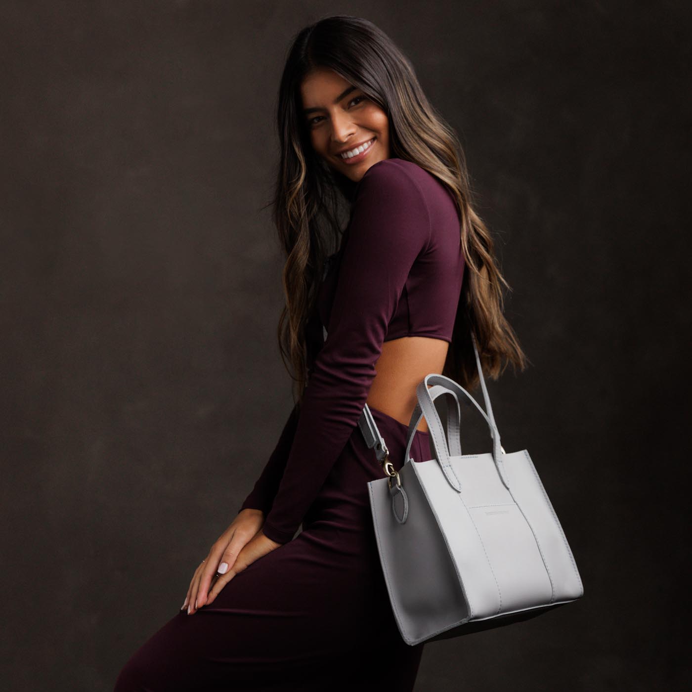 Formal Grey | Structured mid-size tote bag with overlapping panels and crossbody strap