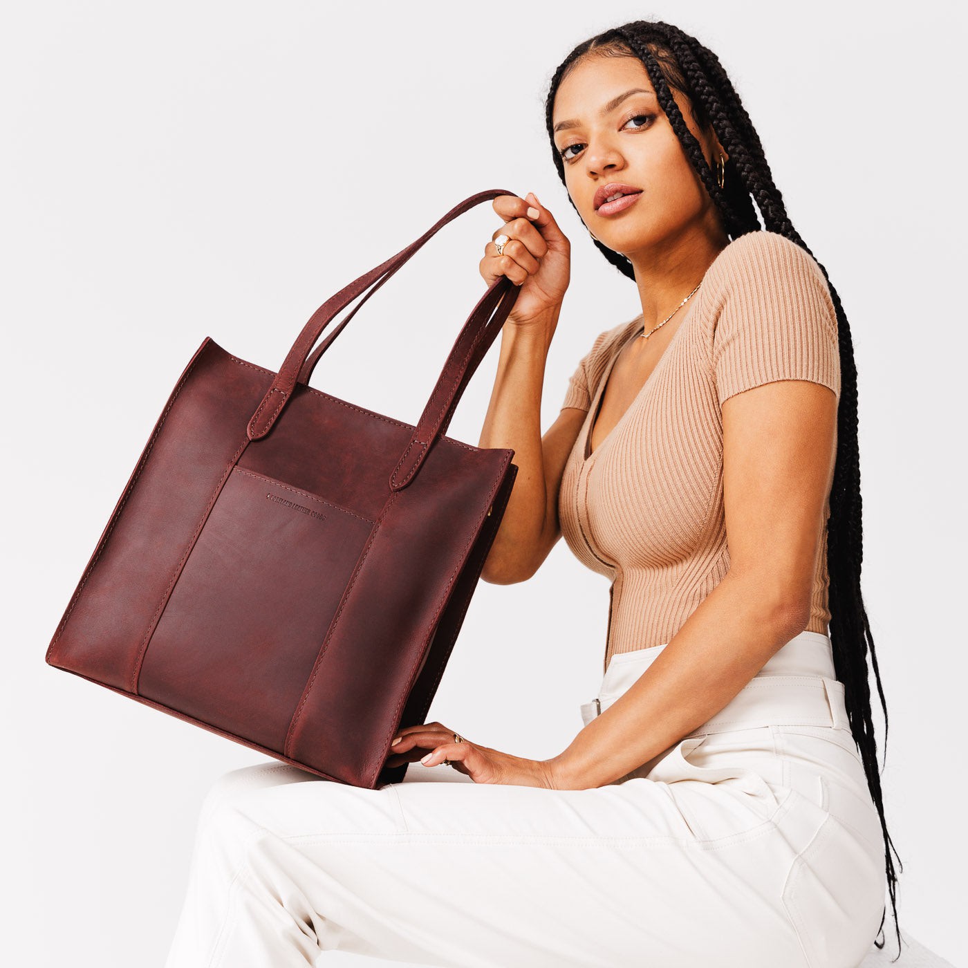  Merlot*North/South | Structured large tote bag with overlapping panels and crossbody strap