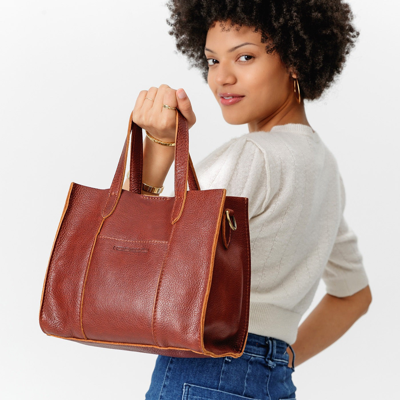 Nutmeg | Structured mid-size tote bag with overlapping panels and crossbody strap