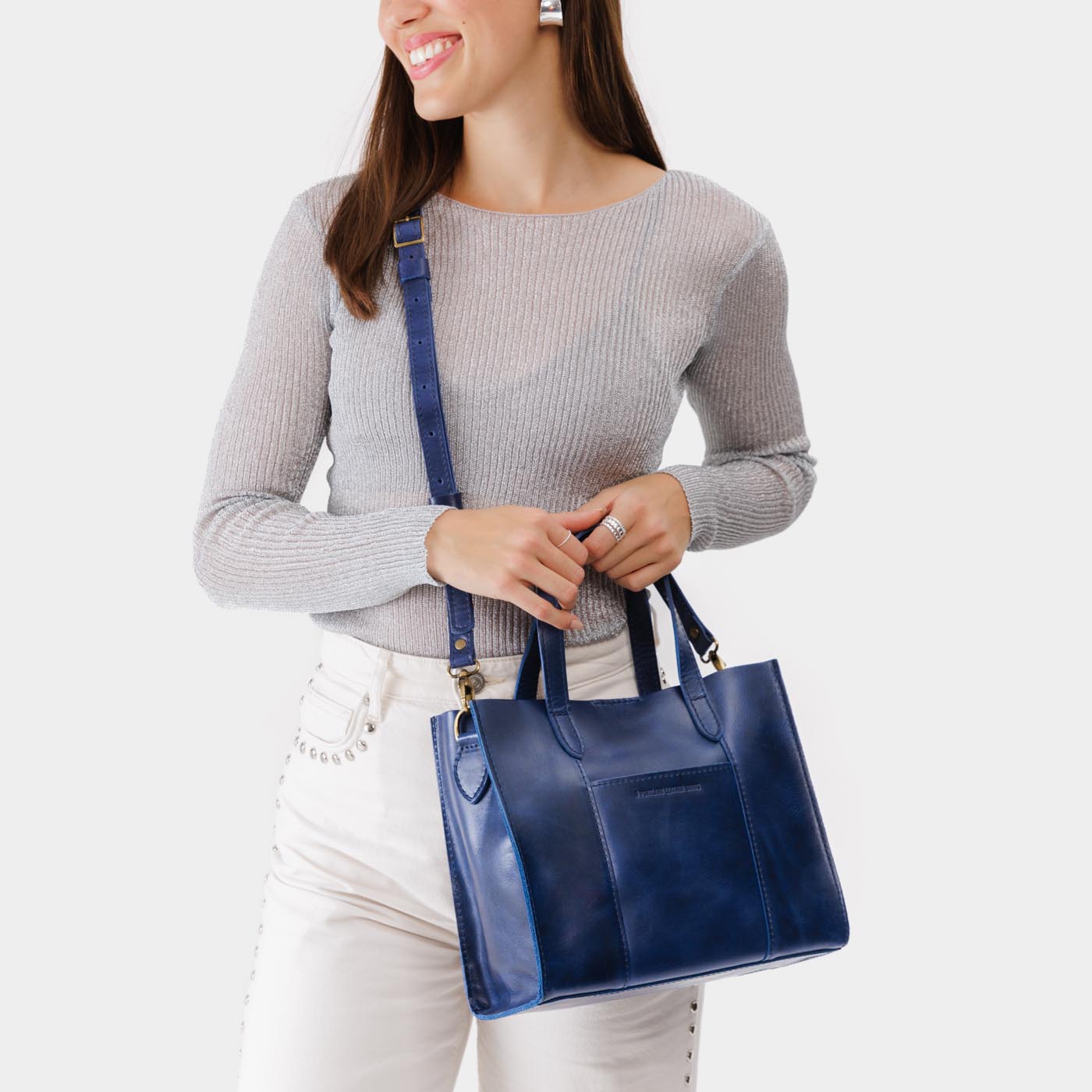 Cowboy Blue | Structured mid-size tote bag with overlapping panels and crossbody strap