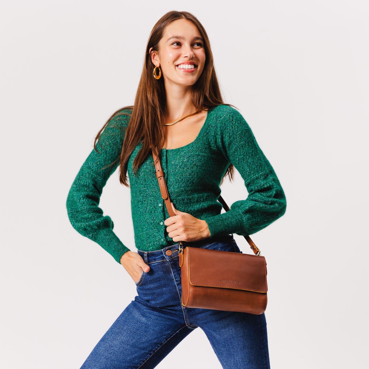 Honey*Medium | Model Wearing Leather Crossbody Bag with Magnetic Messenger Bag Closure