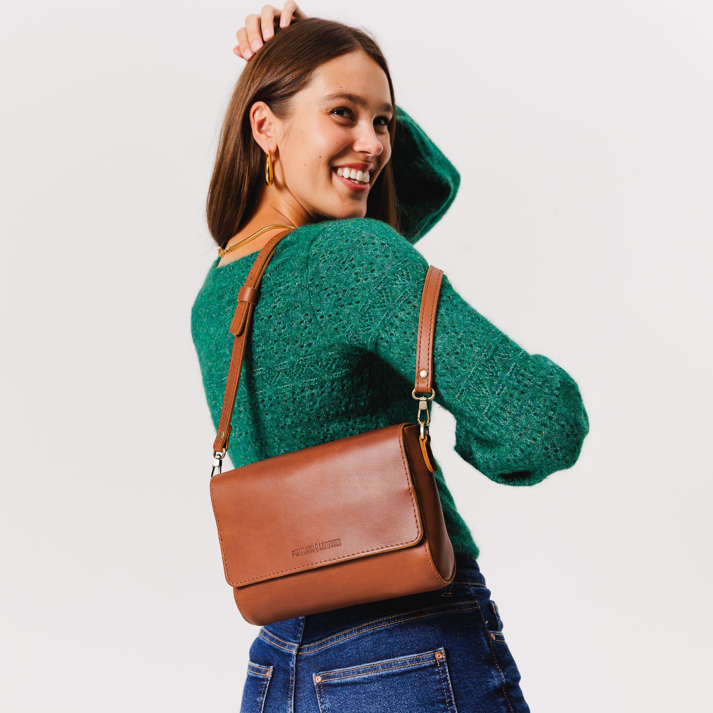 Honey*Medium | Model Wearing Leather Crossbody Bag with Magnetic Messenger Bag Closure