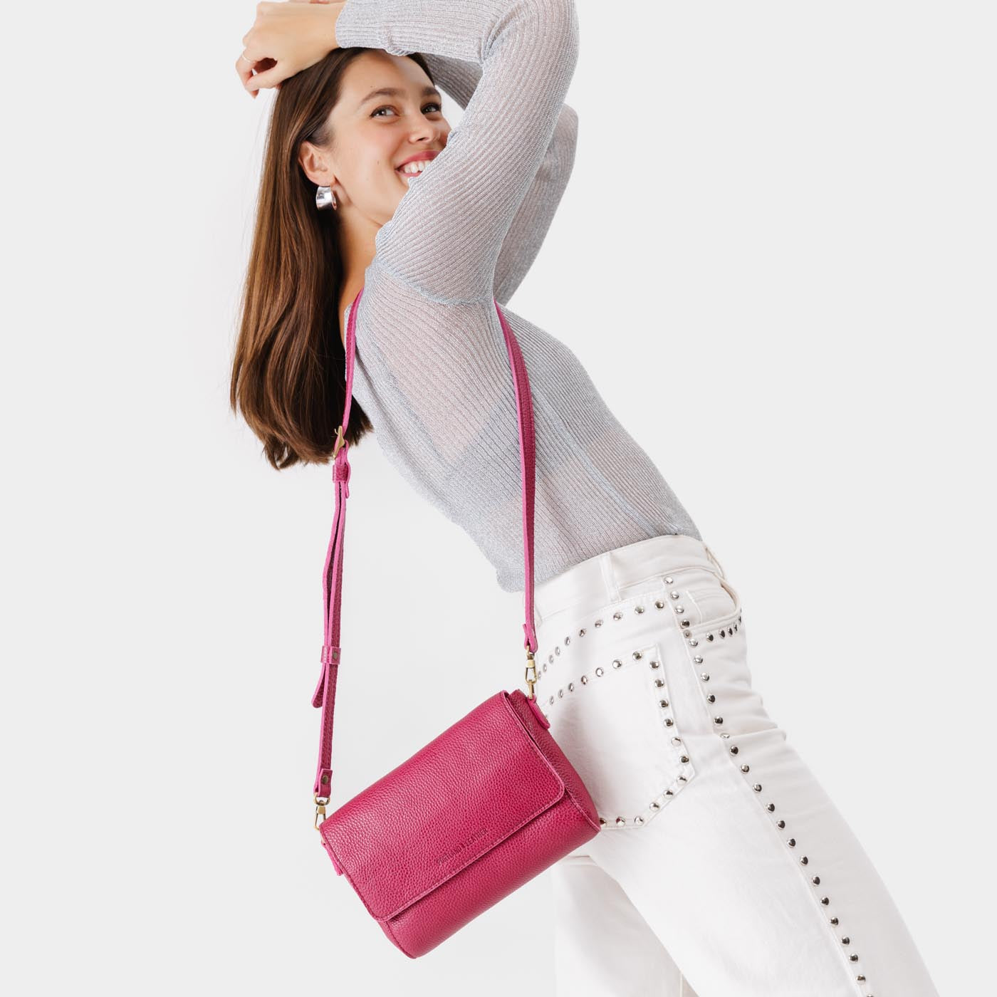 Cosmo Medium | Model wearing leather Crossbody Bag with Magnetic Messenger Bag Closure