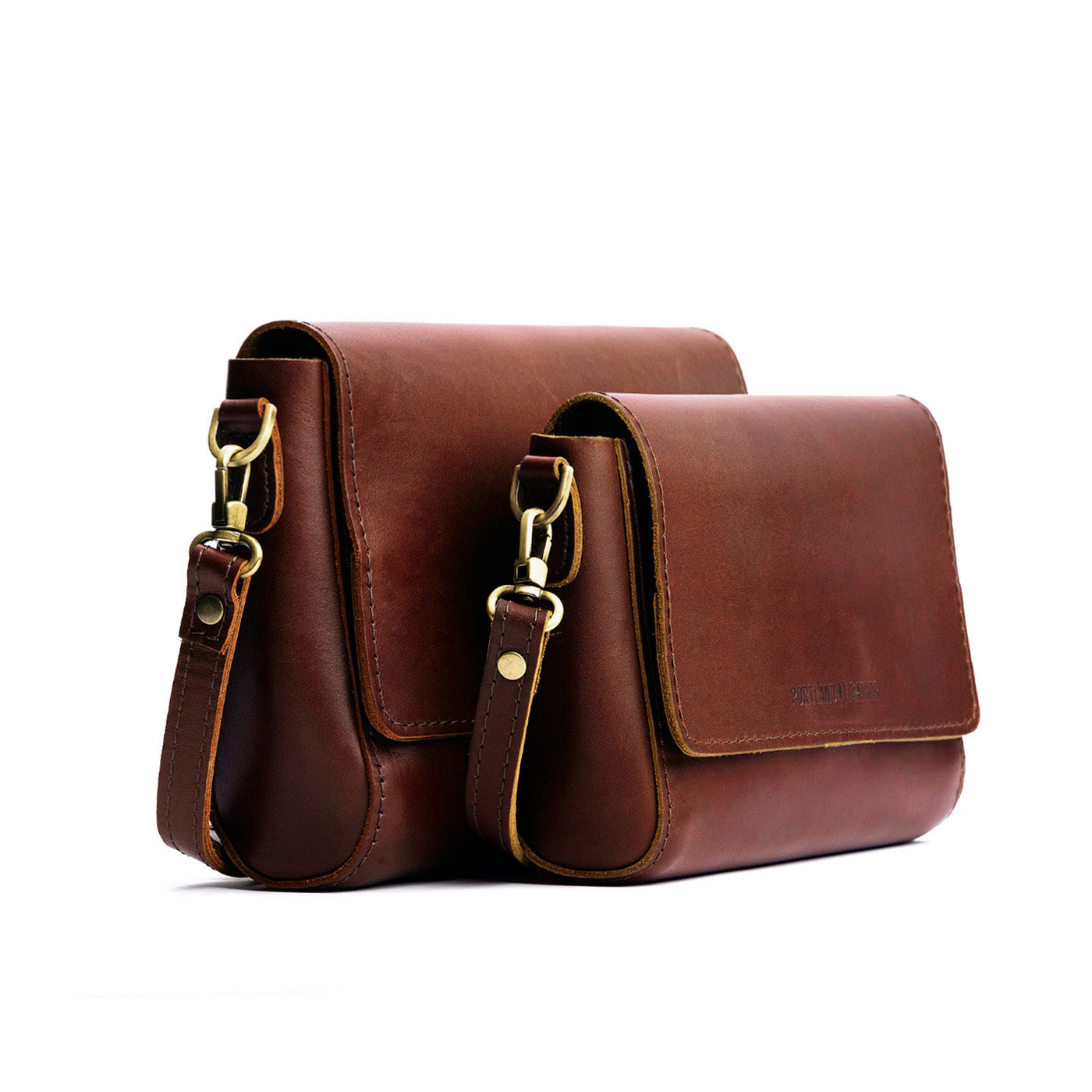 Cognac | Side by Side of both sizes of Leather Crossbody Bag with Magnetic Messenger Bag Closure