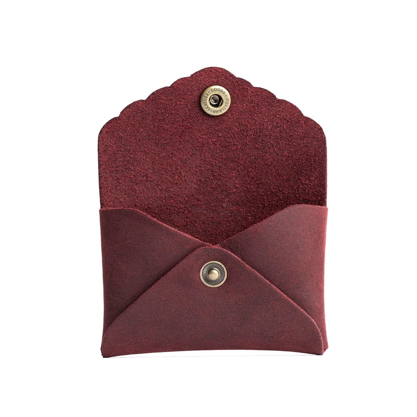 Merlot | Small leather wallet with scalloped edge open