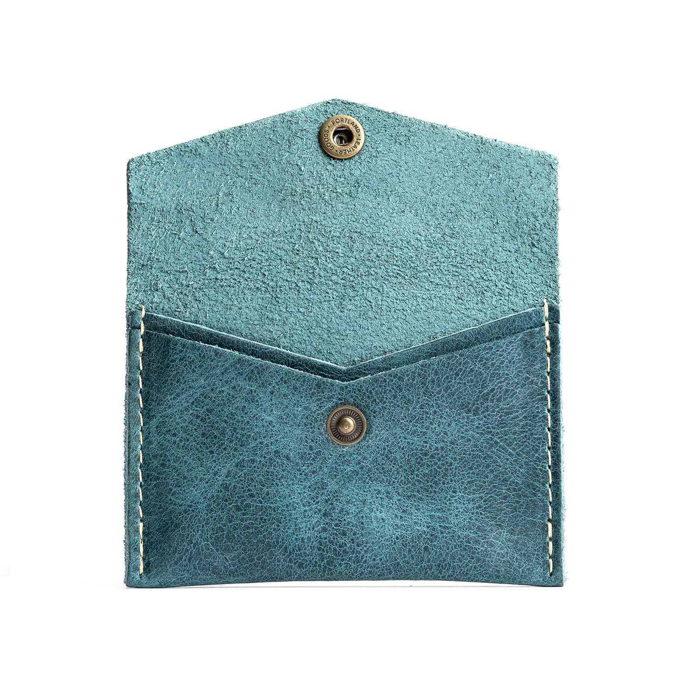 Aqua | Small leather card wallet with snap closure open