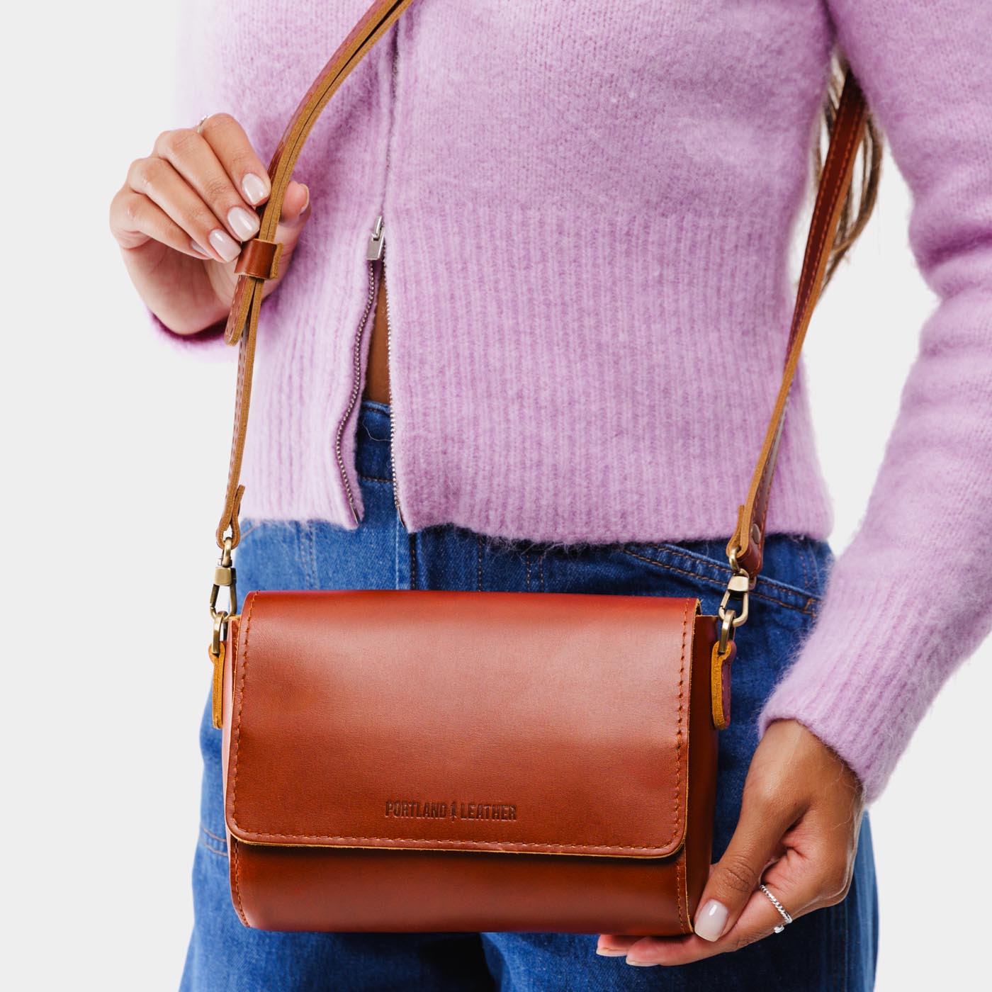 Madrone*Mini | Model Wearing Small Leather Crossbody Bag with Magnetic Messenger Bag Closure