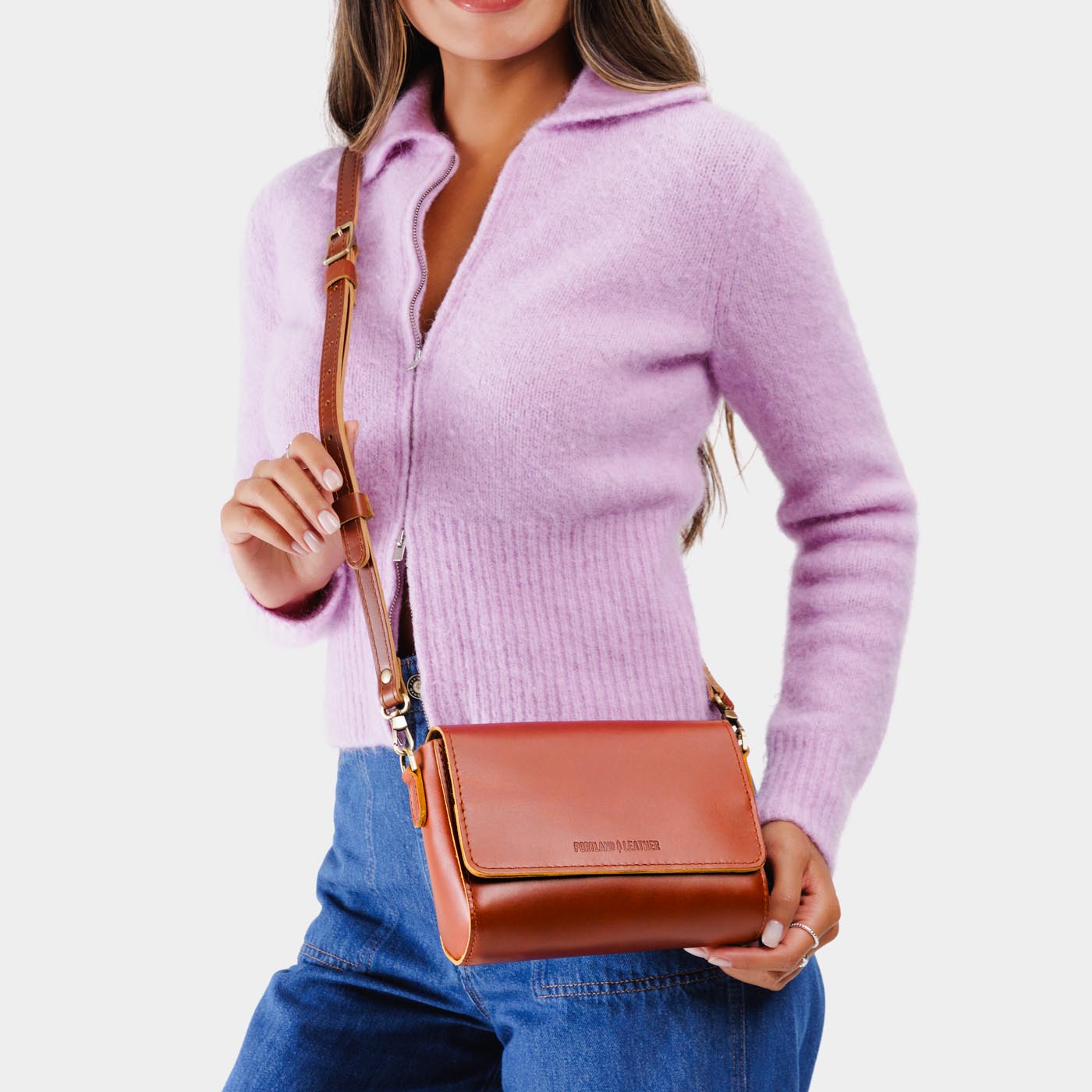 Madrone*Mini | Model Wearing Small Leather Crossbody Bag with Magnetic Messenger Bag Closure