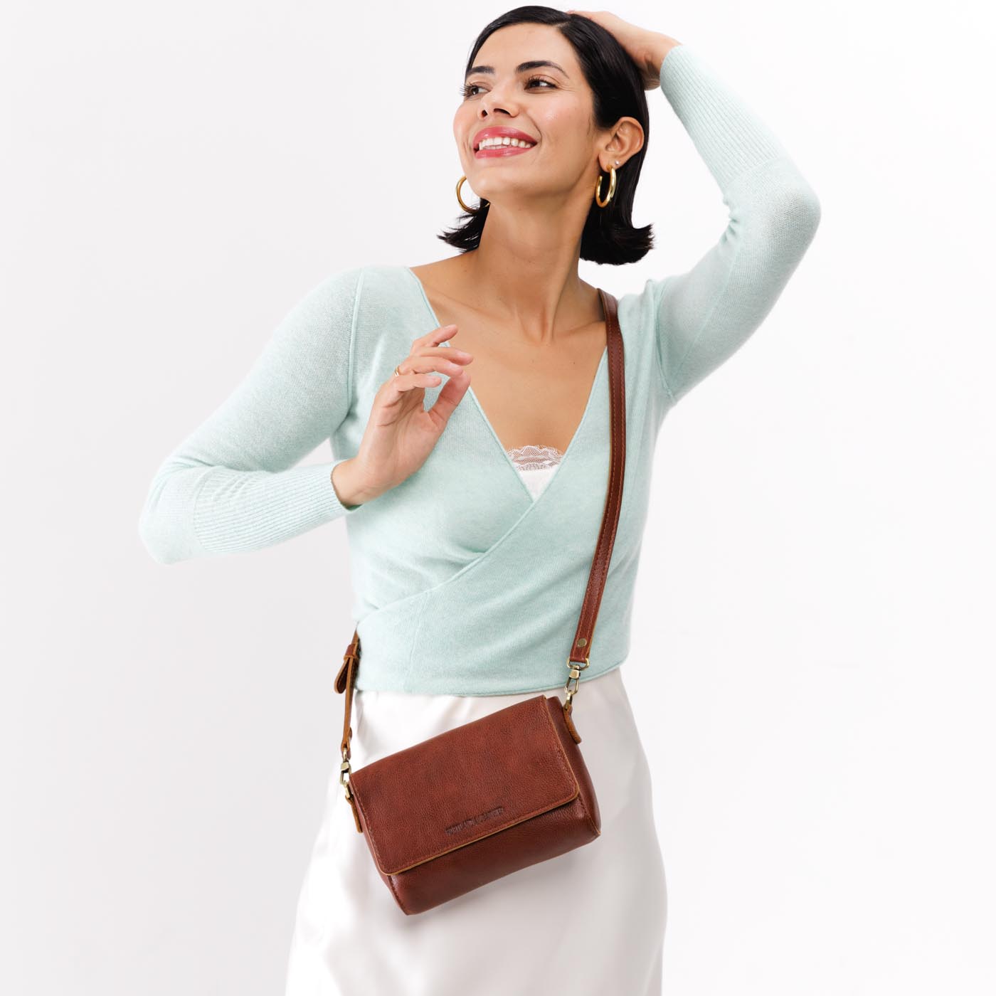 Nutmeg*Mini | Model Wearing Small Leather Crossbody Bag with Magnetic Messenger Bag Closure