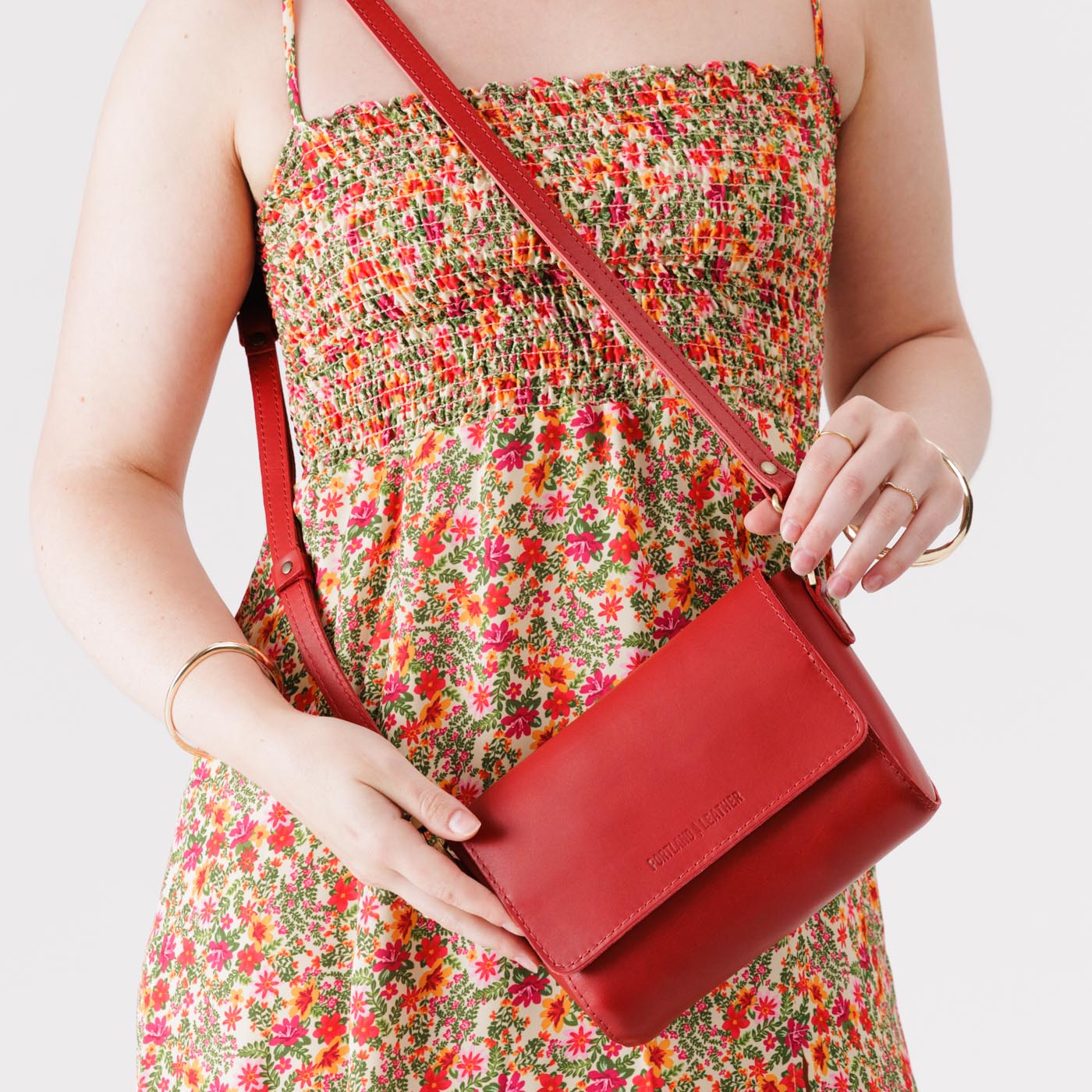 Ruby Mini | Model Wearing Small Leather Crossbody Bag with Magnetic Messenger Bag Closure