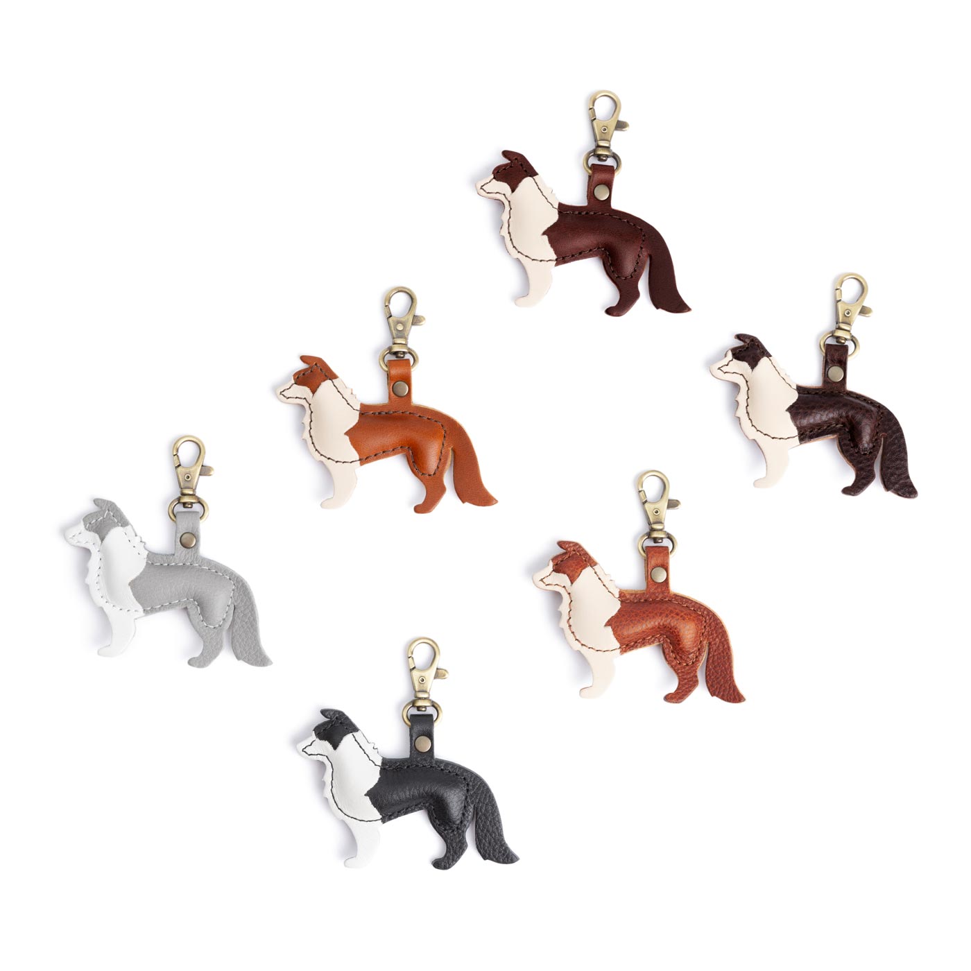 All Variants | Collection of leather border collie shaped keychains 