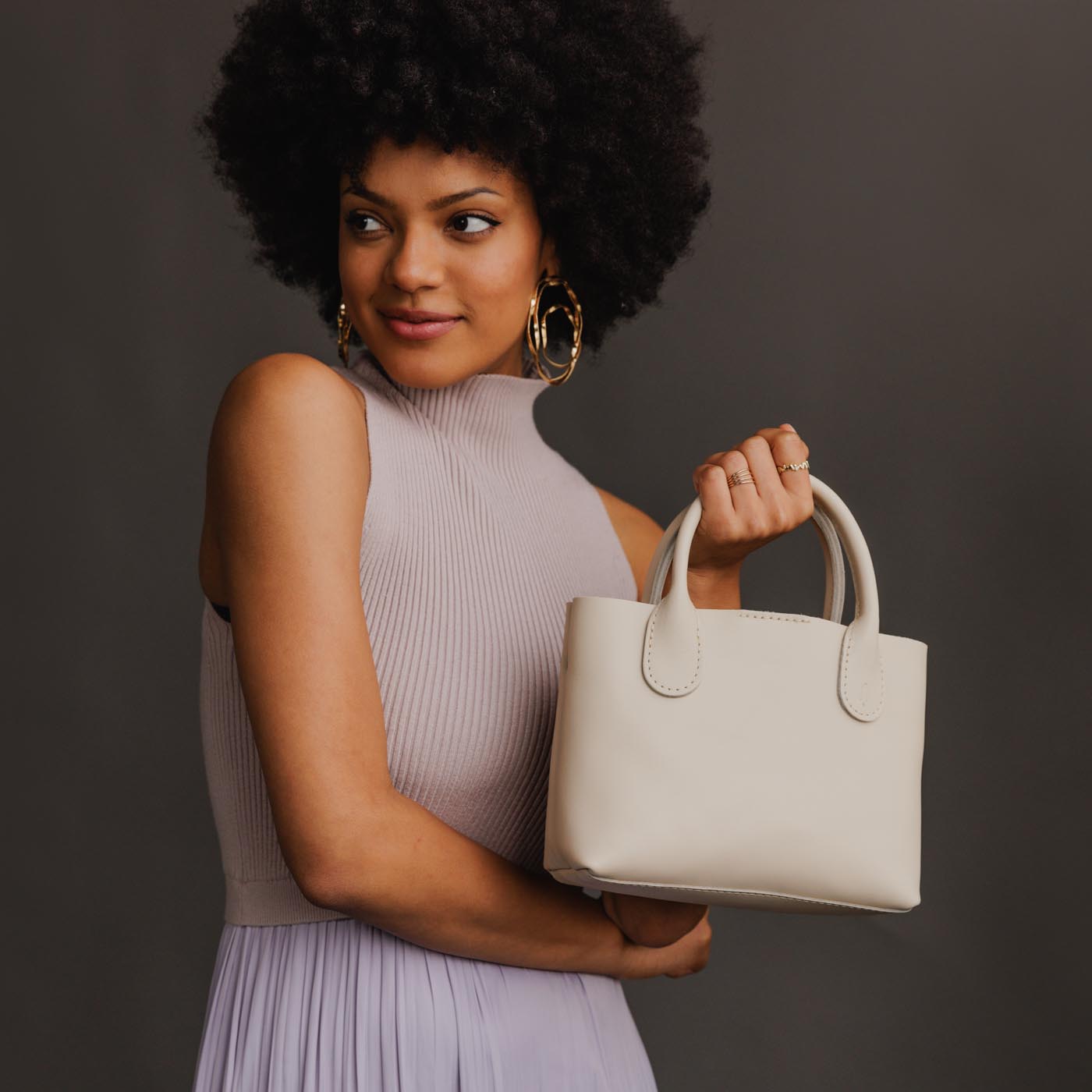 Bone Small | Petite tote purse with structured leather handles and crossbody strap