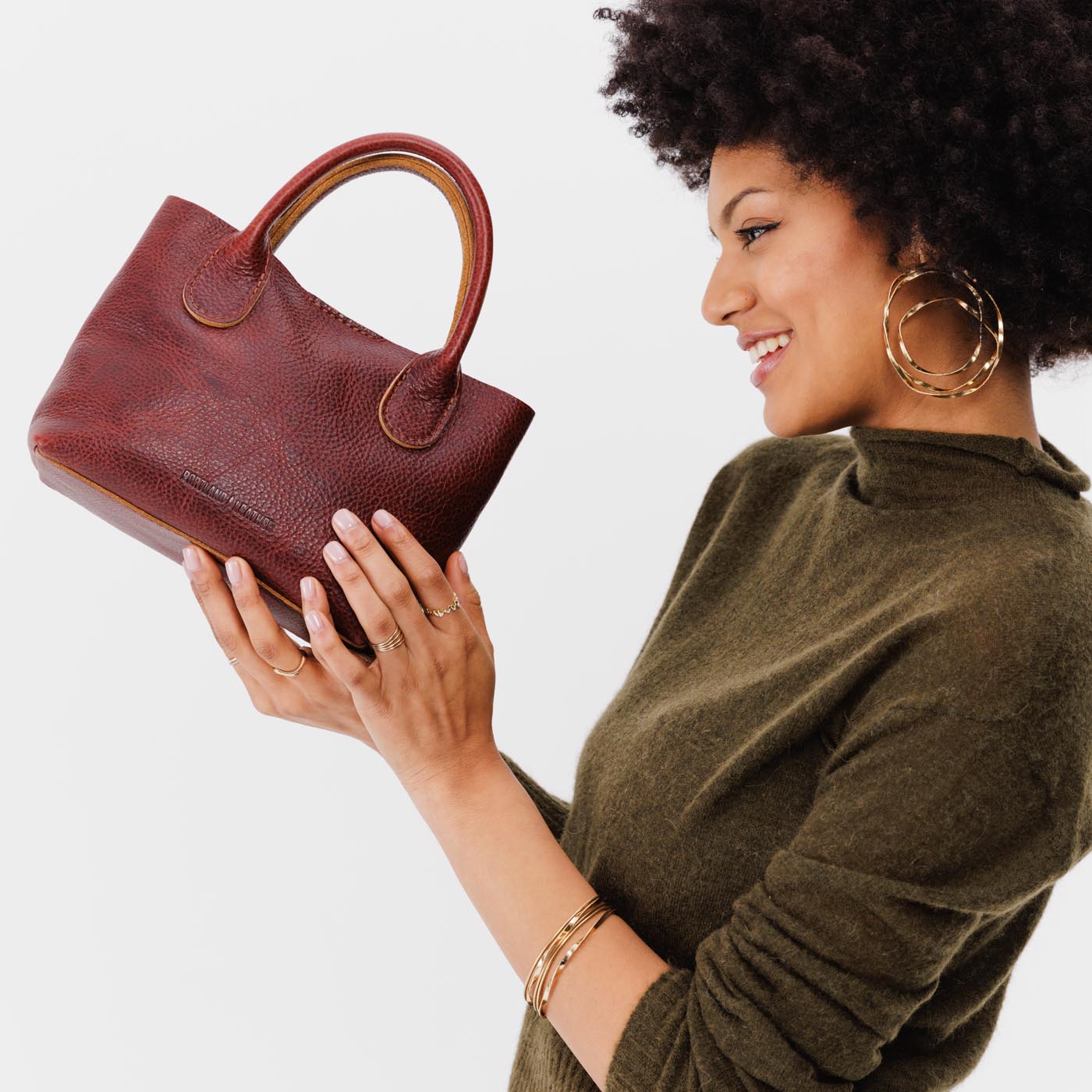 Cinnamon Bear*Small | Petite tote purse with structured leather handles and crossbody strap