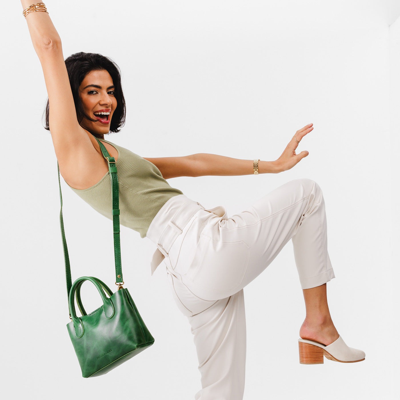 Cowboy Mint Small | Petite tote purse with structured leather handles and crossbody strap