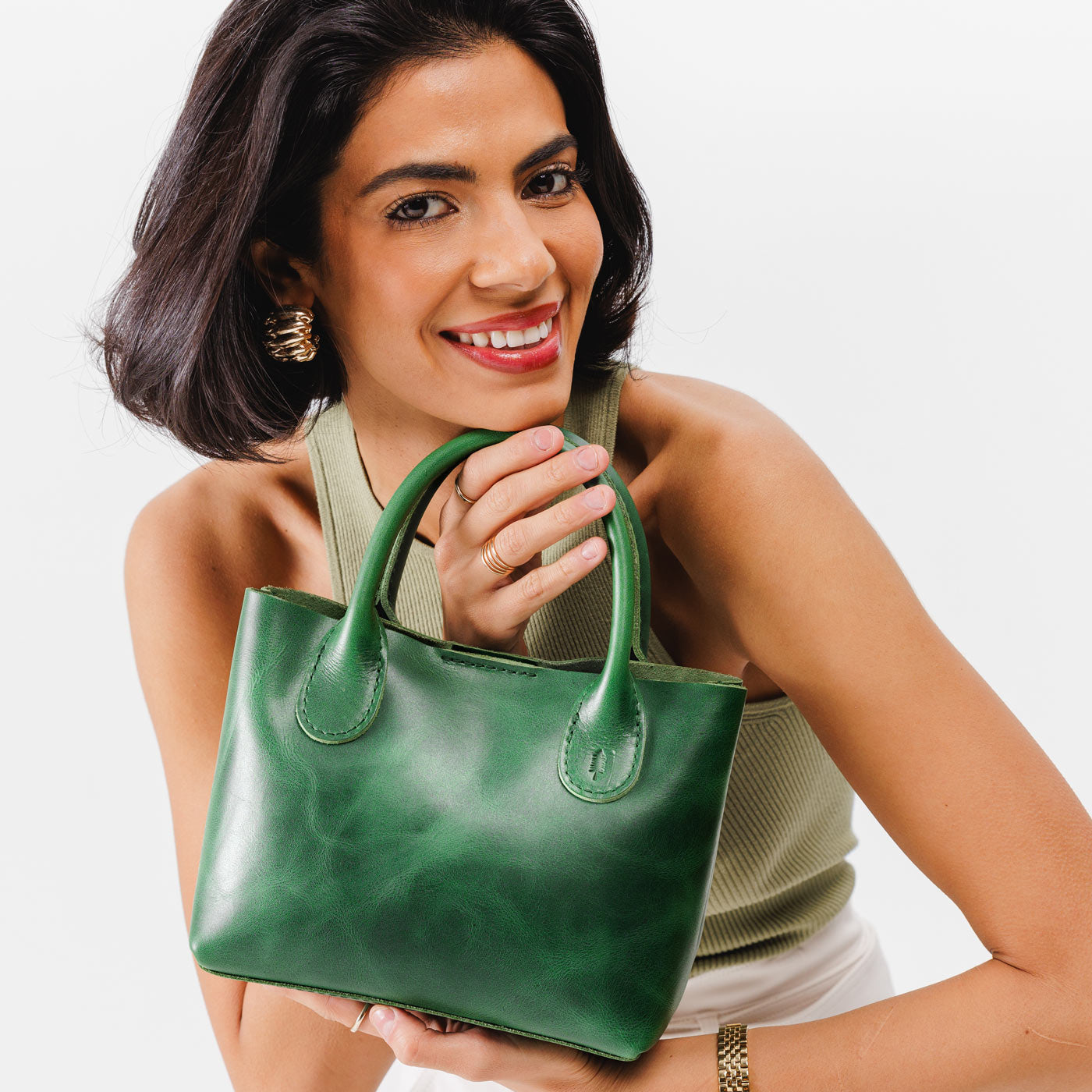 Cowboy Mint*Small | Petite tote purse with structured leather handles and crossbody strap