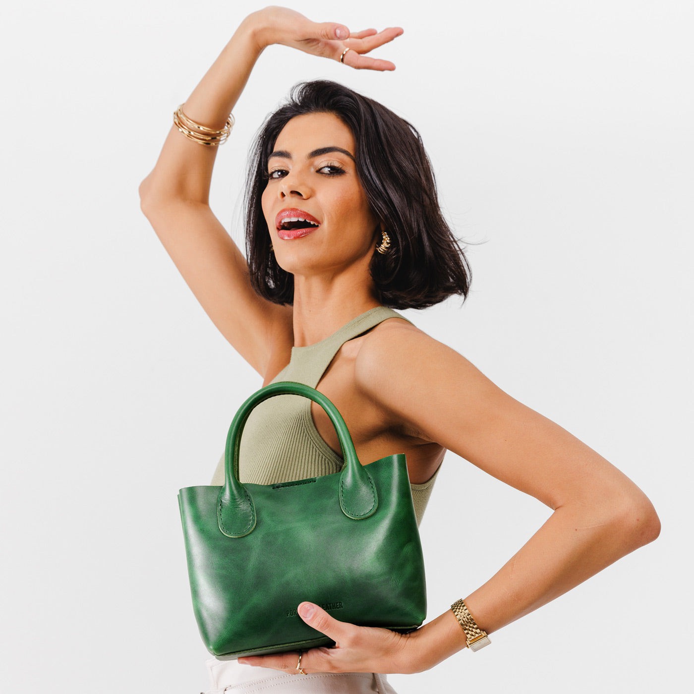 Cowboy Mint*Small | Petite tote purse with structured leather handles and crossbody strap